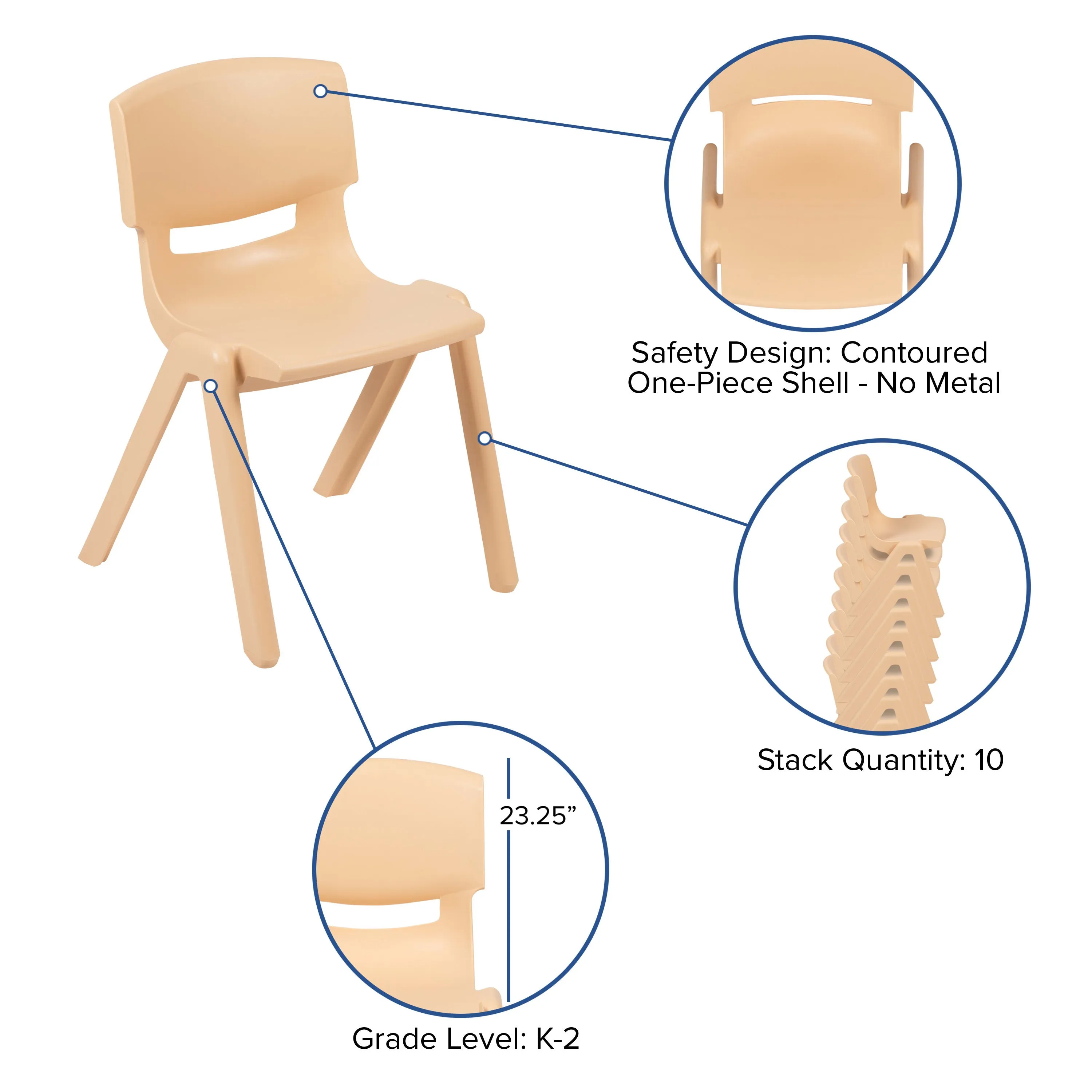 2 Pack Plastic Stackable School Chair with 13.25" Seat Height