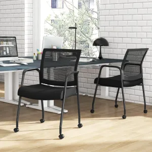 2 Pieces Office Guest Chairs on Wheels-Black