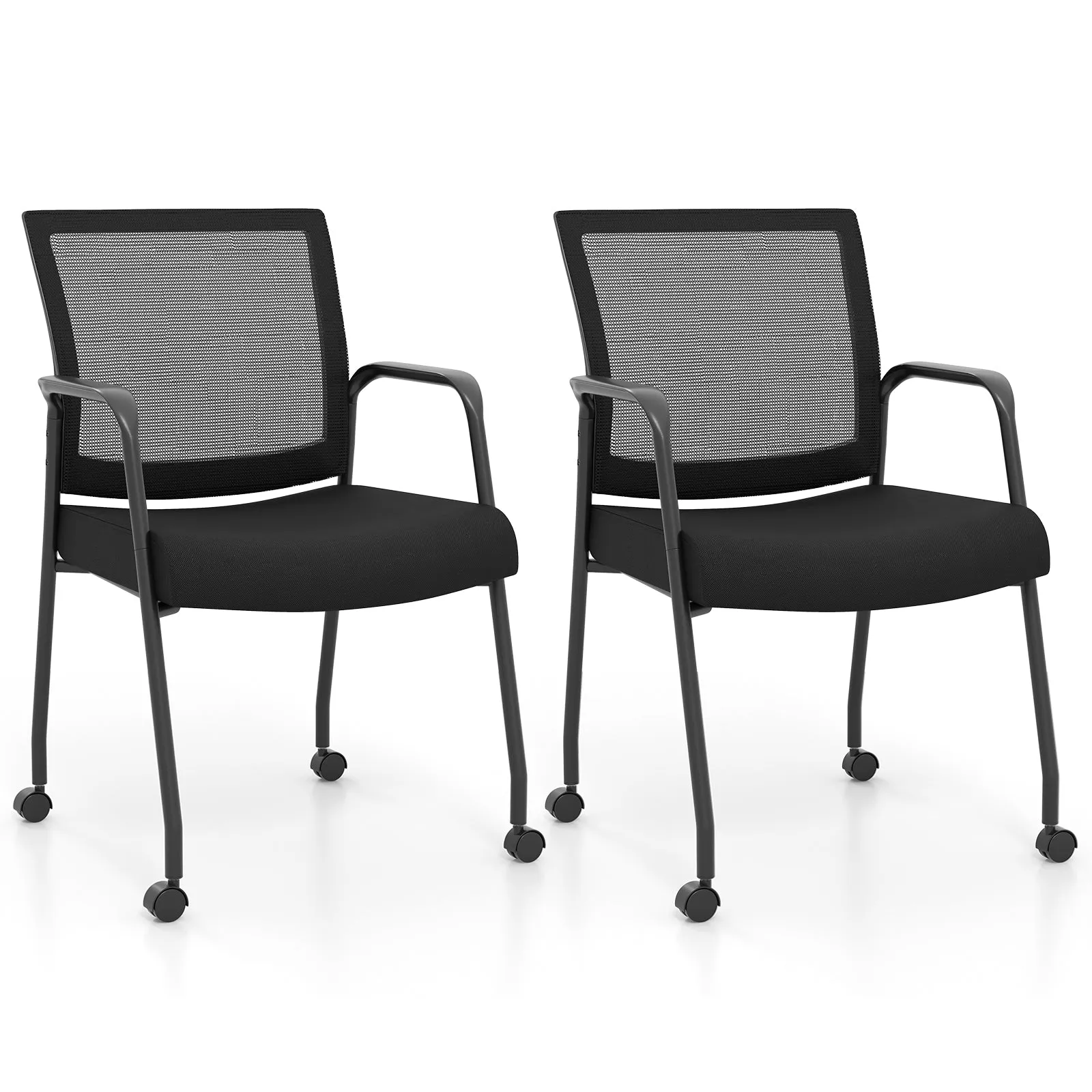 2 Pieces Office Guest Chairs on Wheels-Black