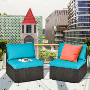 2 Pieces Patio Rattan Armless Sofa Set with 2 Cushions and 2 Pillows-Blue