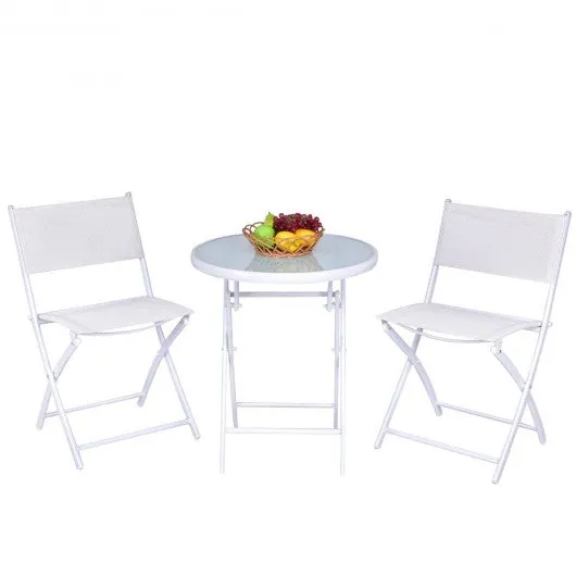 3 Pcs Folding Garden Patio Table Chairs Set-White