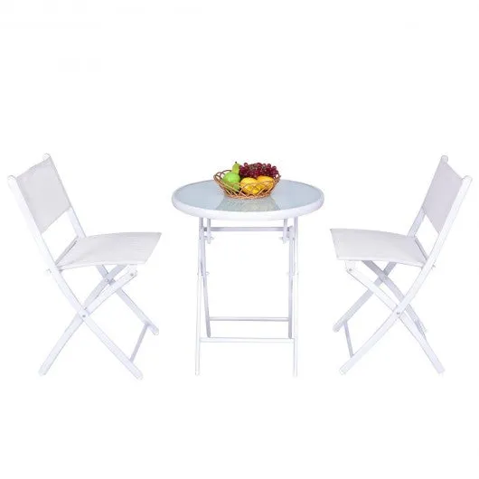 3 Pcs Folding Garden Patio Table Chairs Set-White