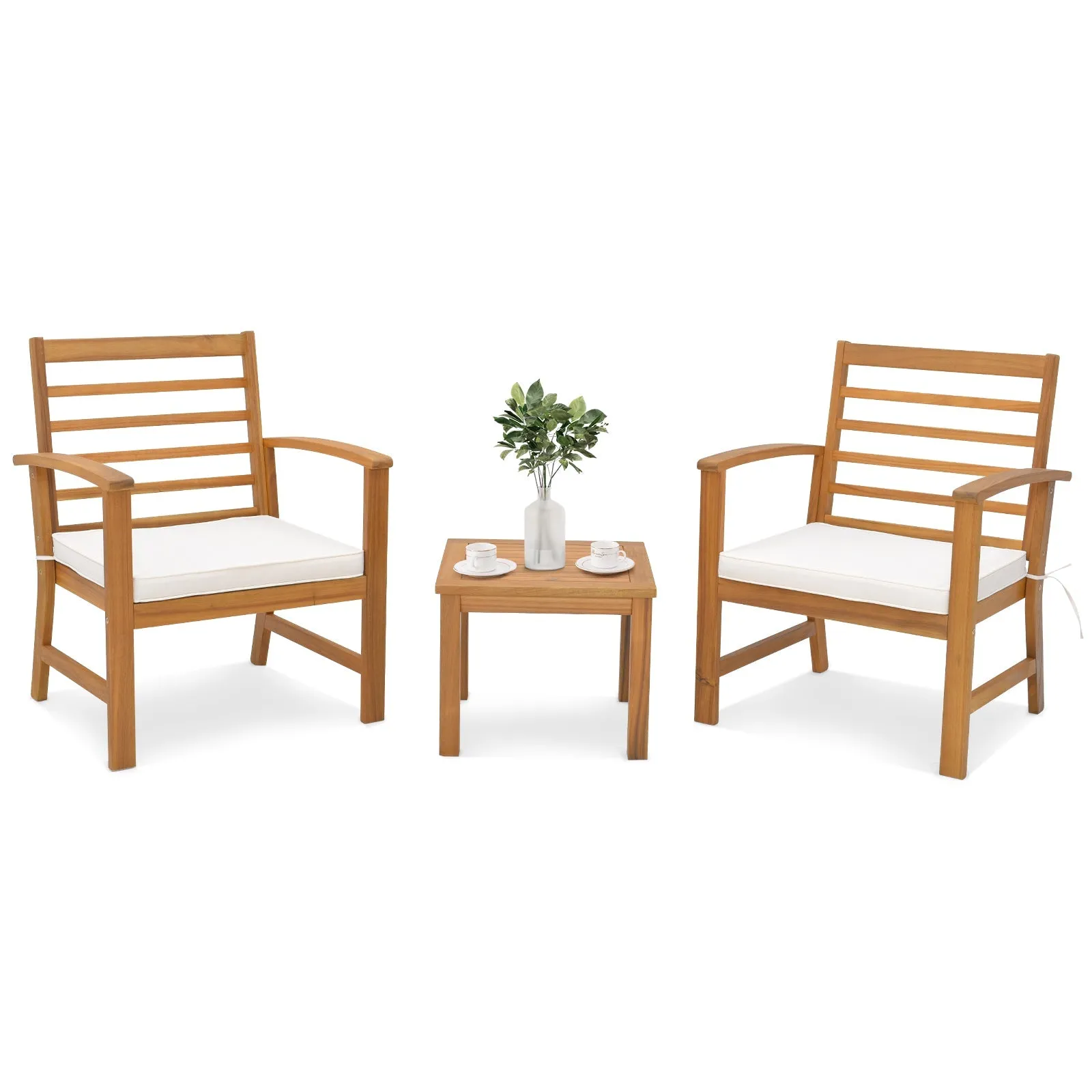 3 Pieces Acacia Wood Patio Conversation Set with Soft Cushions-White