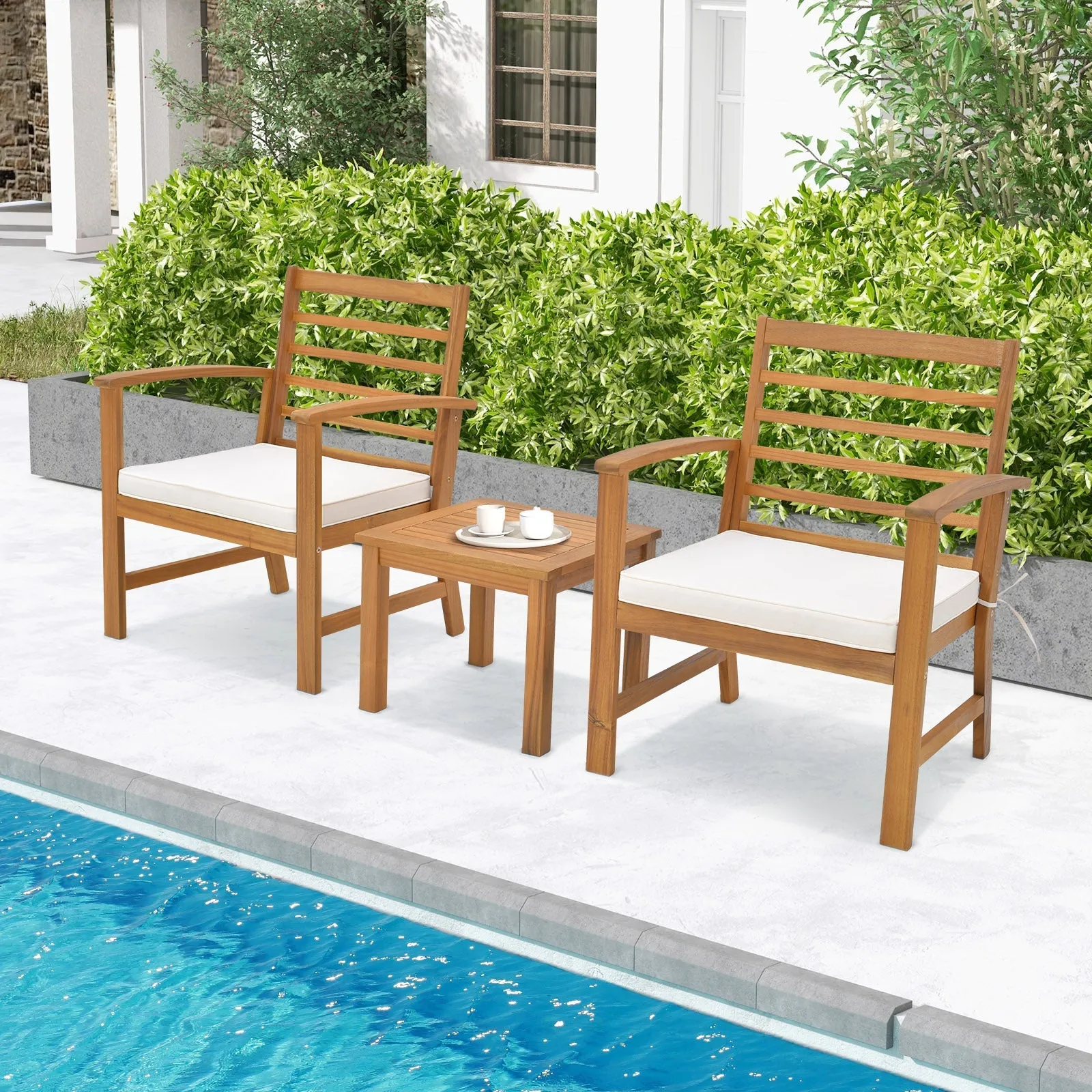 3 Pieces Acacia Wood Patio Conversation Set with Soft Cushions-White