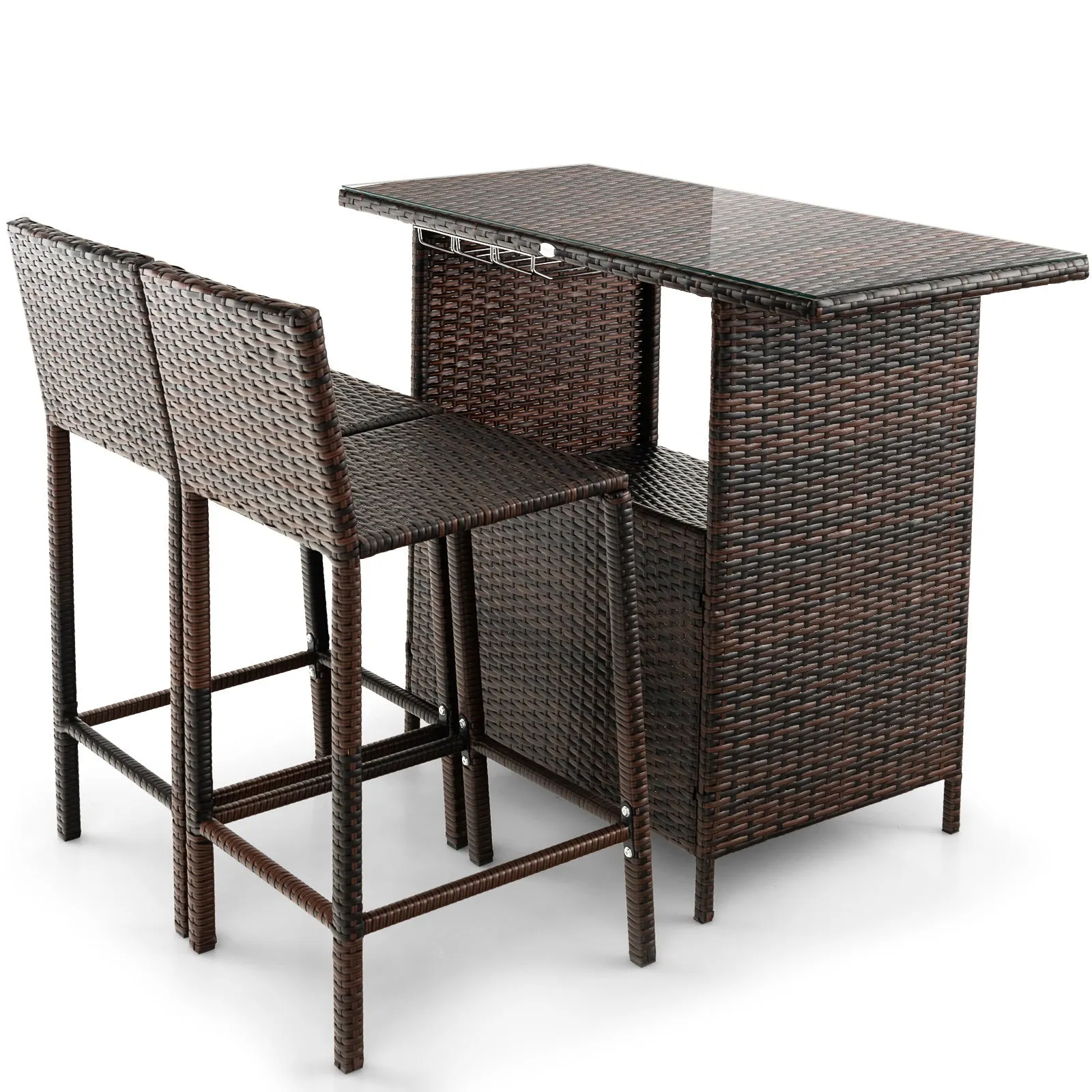 3 Pieces Patio Wicker Bar Height Table and Chair Set with 3 rows stemware racks