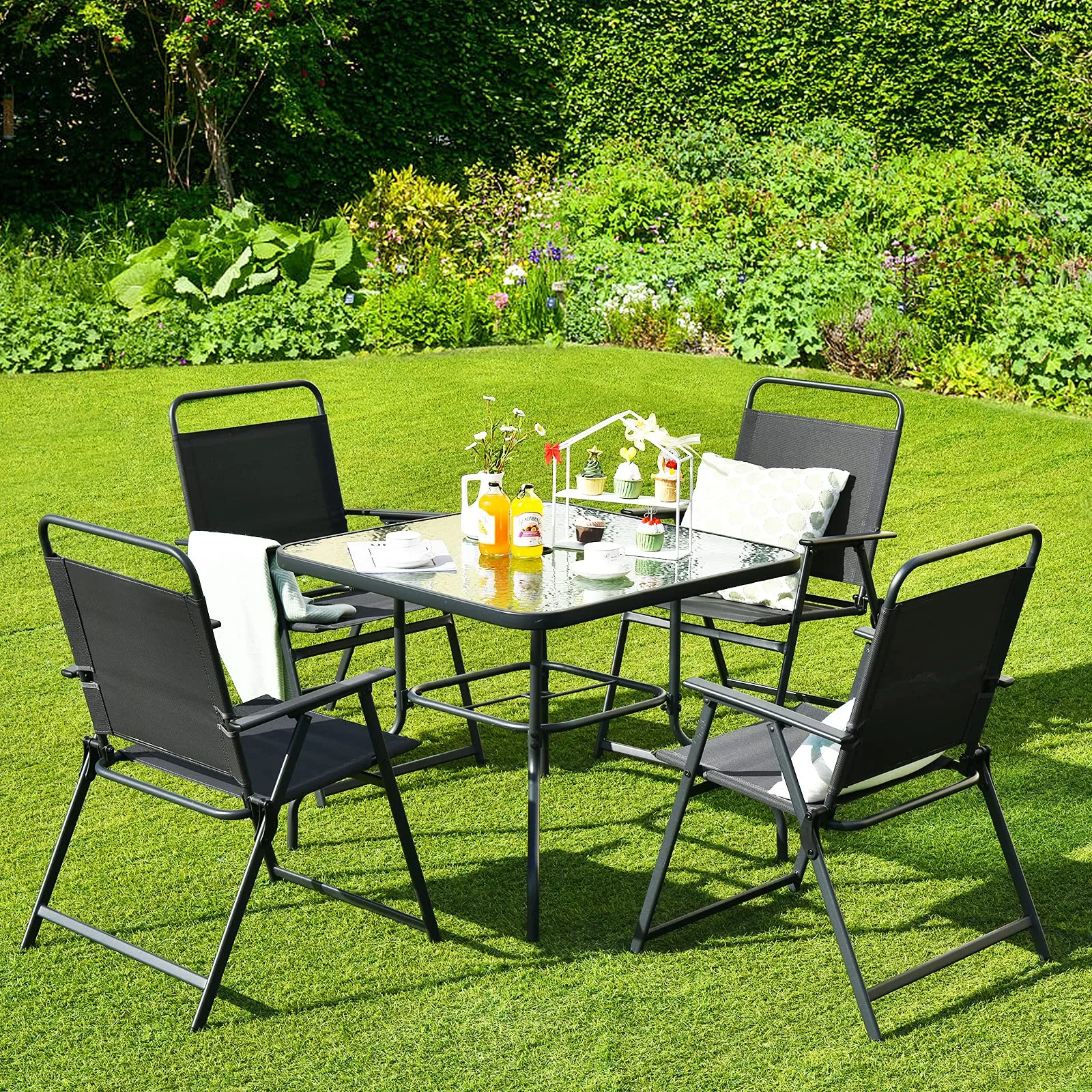 6 Pieces Patio Dining Set with Umbrella, Outdoor Table and Chair Set