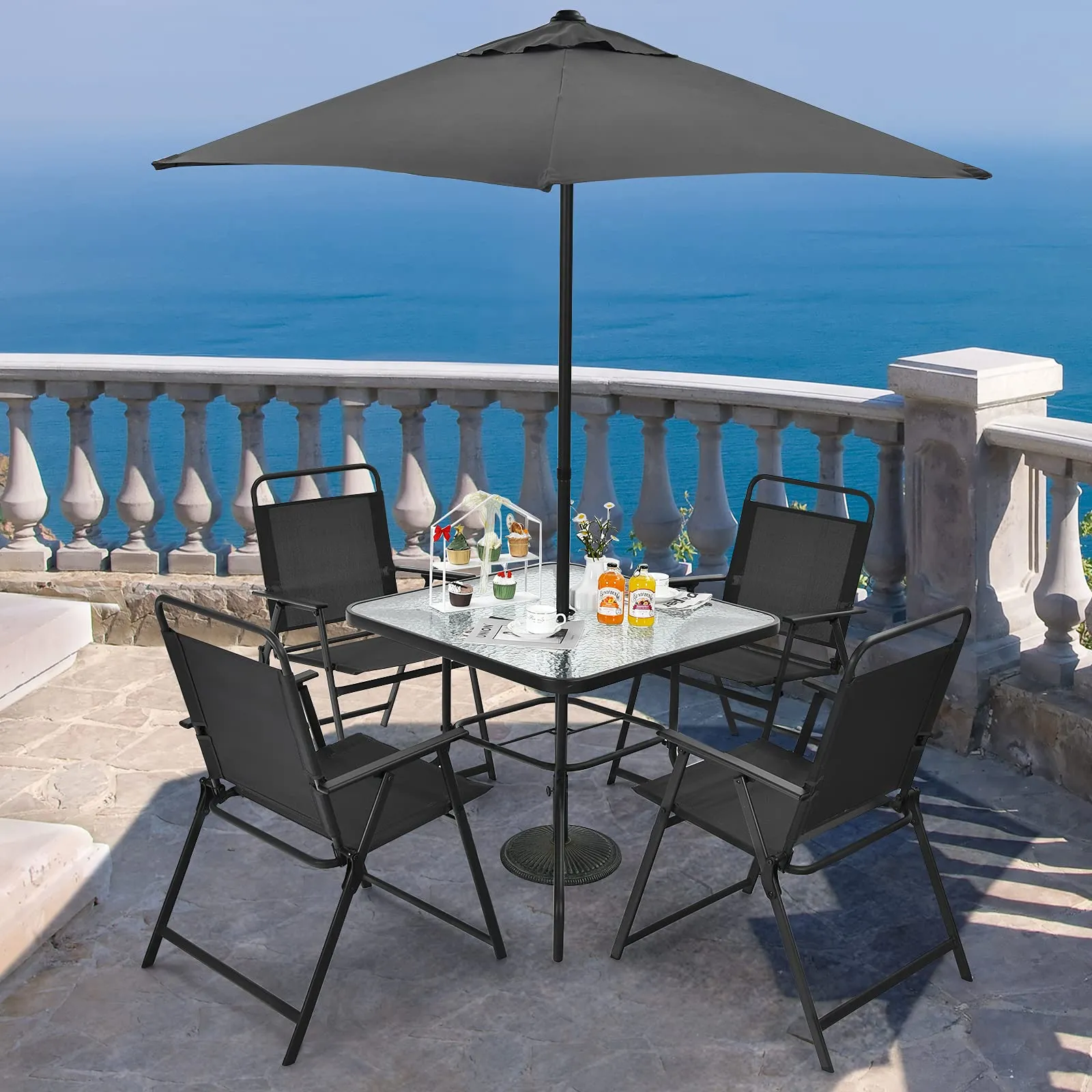 6 Pieces Patio Dining Set with Umbrella, Outdoor Table and Chair Set