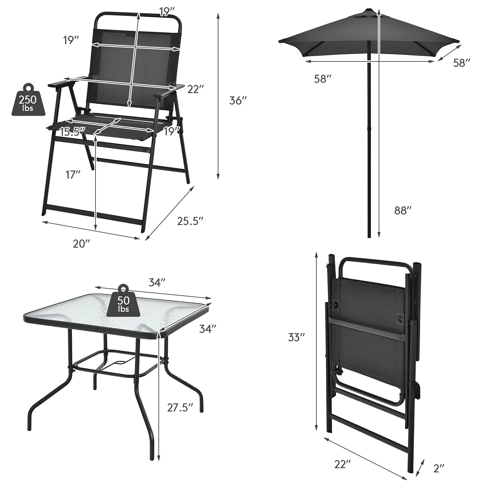 6 Pieces Patio Dining Set with Umbrella, Outdoor Table and Chair Set