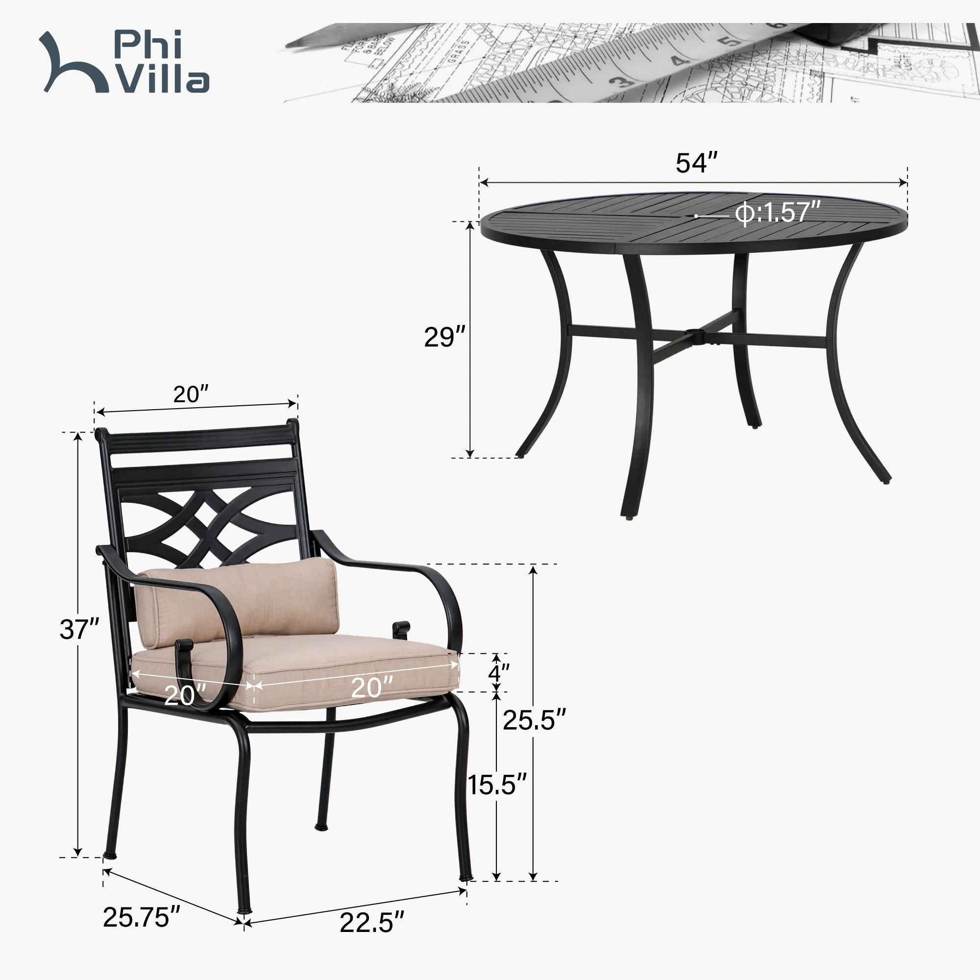 7-Piece Round Table Patio Dining Set of Steel Fixed Chairs with Cushion and Pillow-Phi Villa