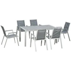 7 Pieces Garden Dining Set, Outdoor Table and 6 Armchairs, Aluminium Frame Slatted Wood Grain Plastic Top Table Mesh Fabric Seats Grey