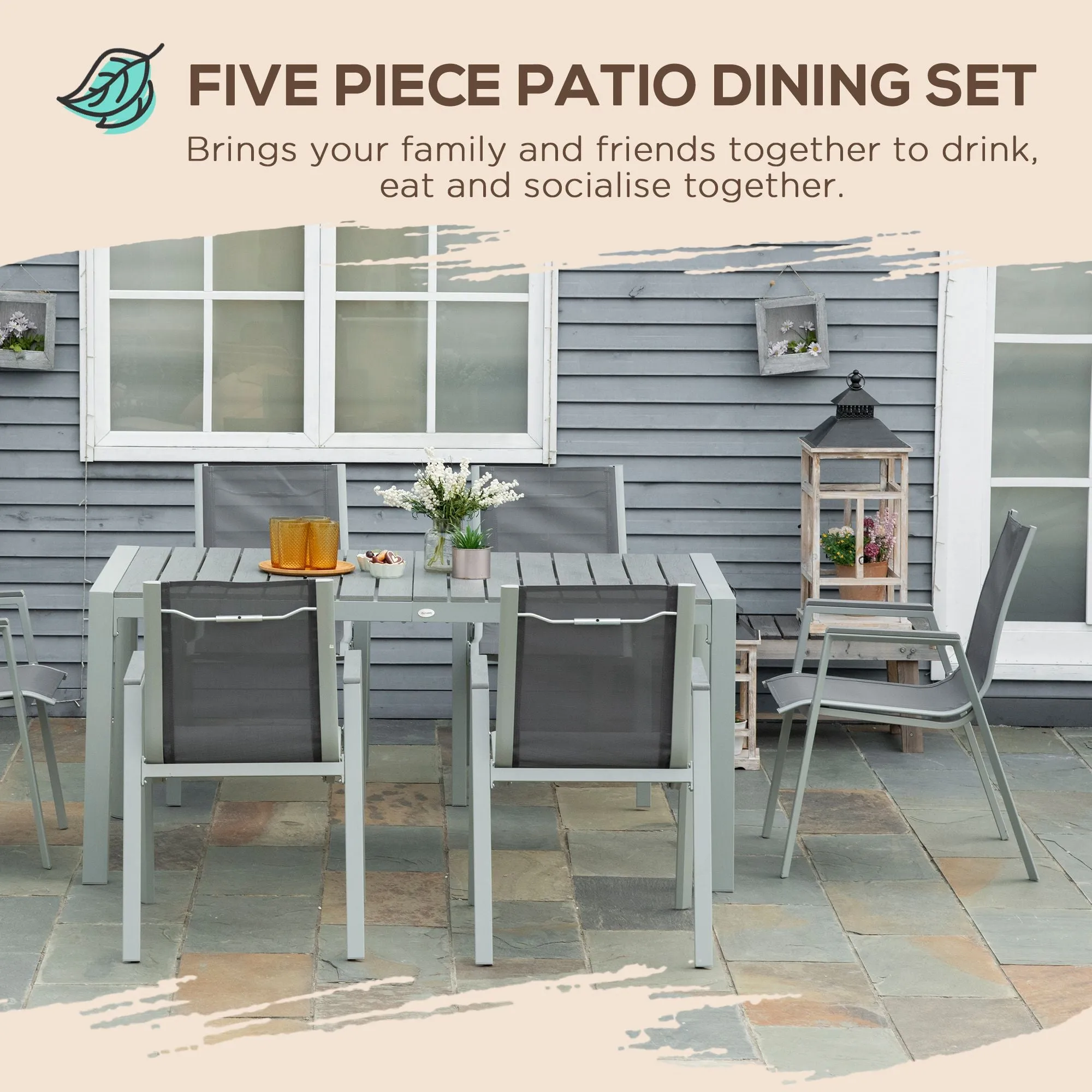 7 Pieces Garden Dining Set, Outdoor Table and 6 Armchairs, Aluminium Frame Slatted Wood Grain Plastic Top Table Mesh Fabric Seats Grey