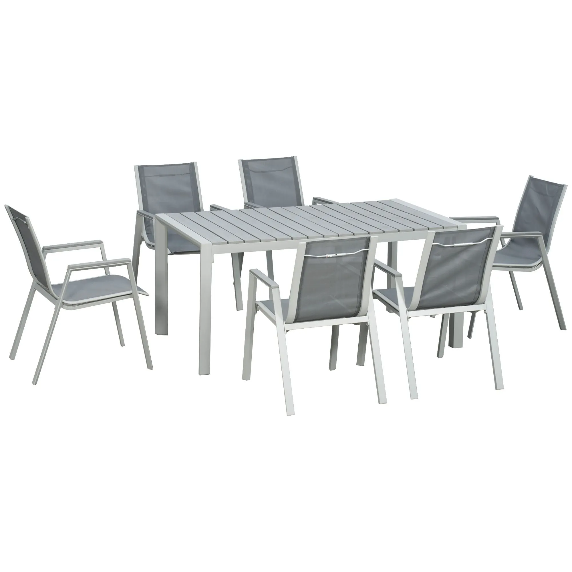 7 Pieces Garden Dining Set, Outdoor Table and 6 Armchairs, Aluminium Frame Slatted Wood Grain Plastic Top Table Mesh Fabric Seats Grey