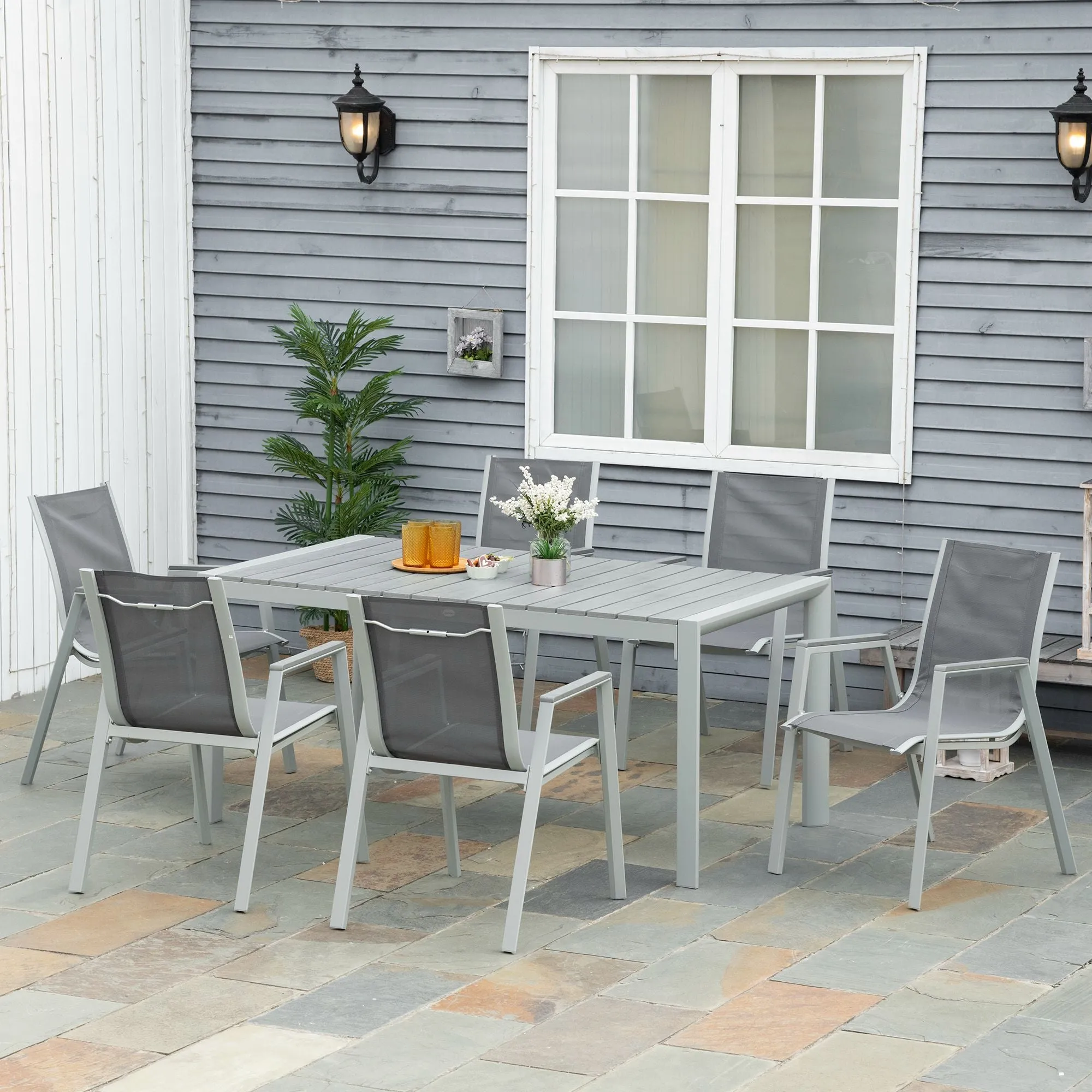 7 Pieces Garden Dining Set, Outdoor Table and 6 Armchairs, Aluminium Frame Slatted Wood Grain Plastic Top Table Mesh Fabric Seats Grey