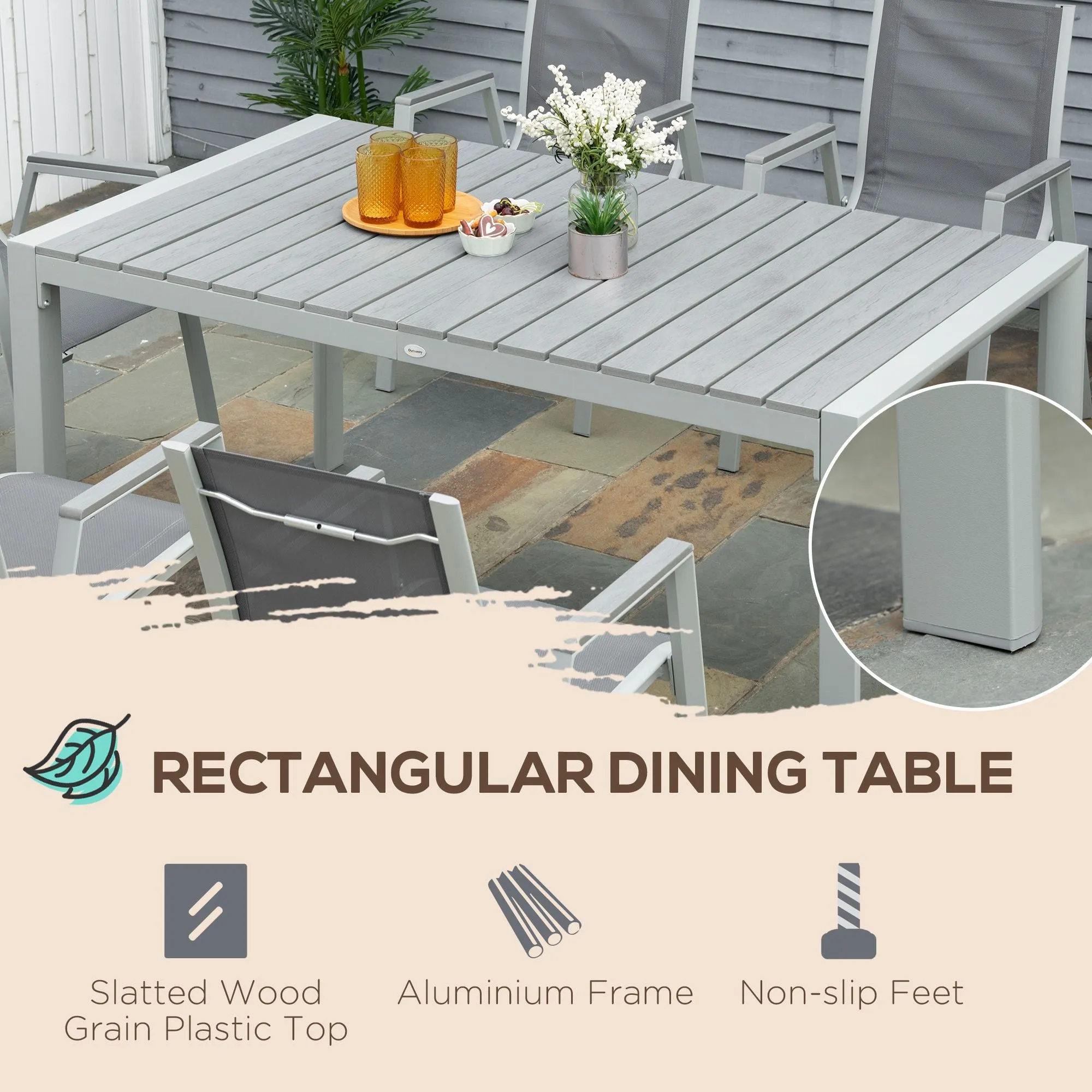 7 Pieces Garden Dining Set, Outdoor Table and 6 Armchairs, Aluminium Frame Slatted Wood Grain Plastic Top Table Mesh Fabric Seats Grey