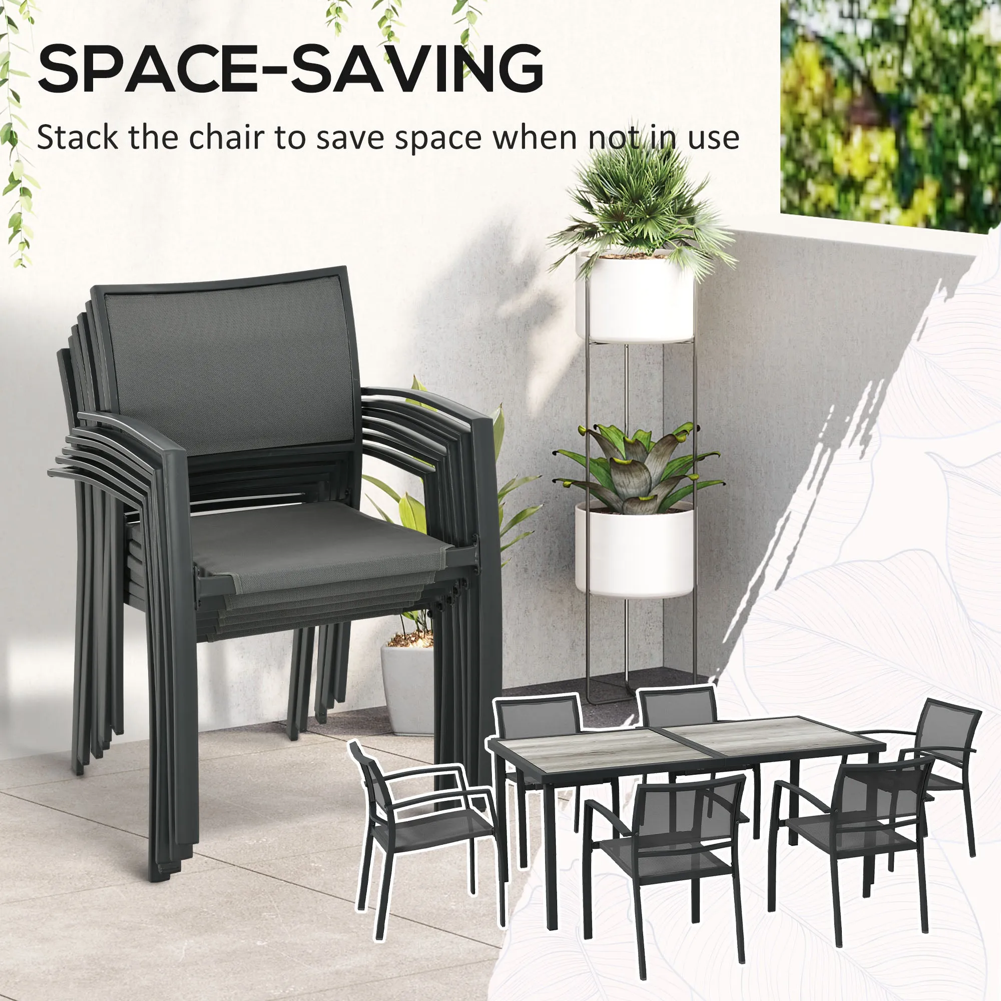 7 Pieces Garden Dining Set, Stackable Chairs, Outdoor Patio Dining Set, 6 Seater Outdoor Table and Chairs w/ Breathable Mesh Seat