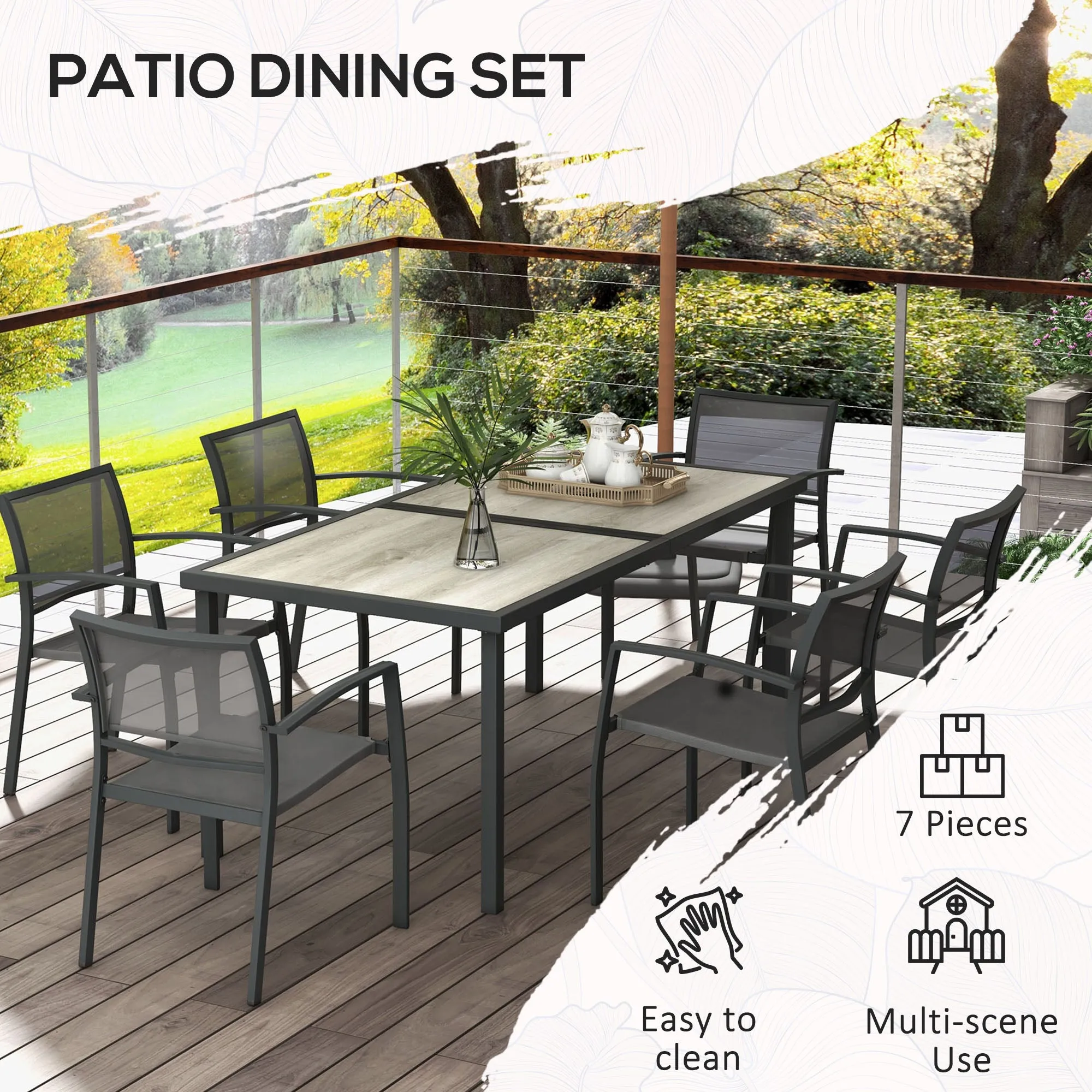 7 Pieces Garden Dining Set, Stackable Chairs, Outdoor Patio Dining Set, 6 Seater Outdoor Table and Chairs w/ Breathable Mesh Seat