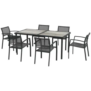 7 Pieces Garden Dining Set, Stackable Chairs, Outdoor Patio Dining Set, 6 Seater Outdoor Table and Chairs w/ Breathable Mesh Seat