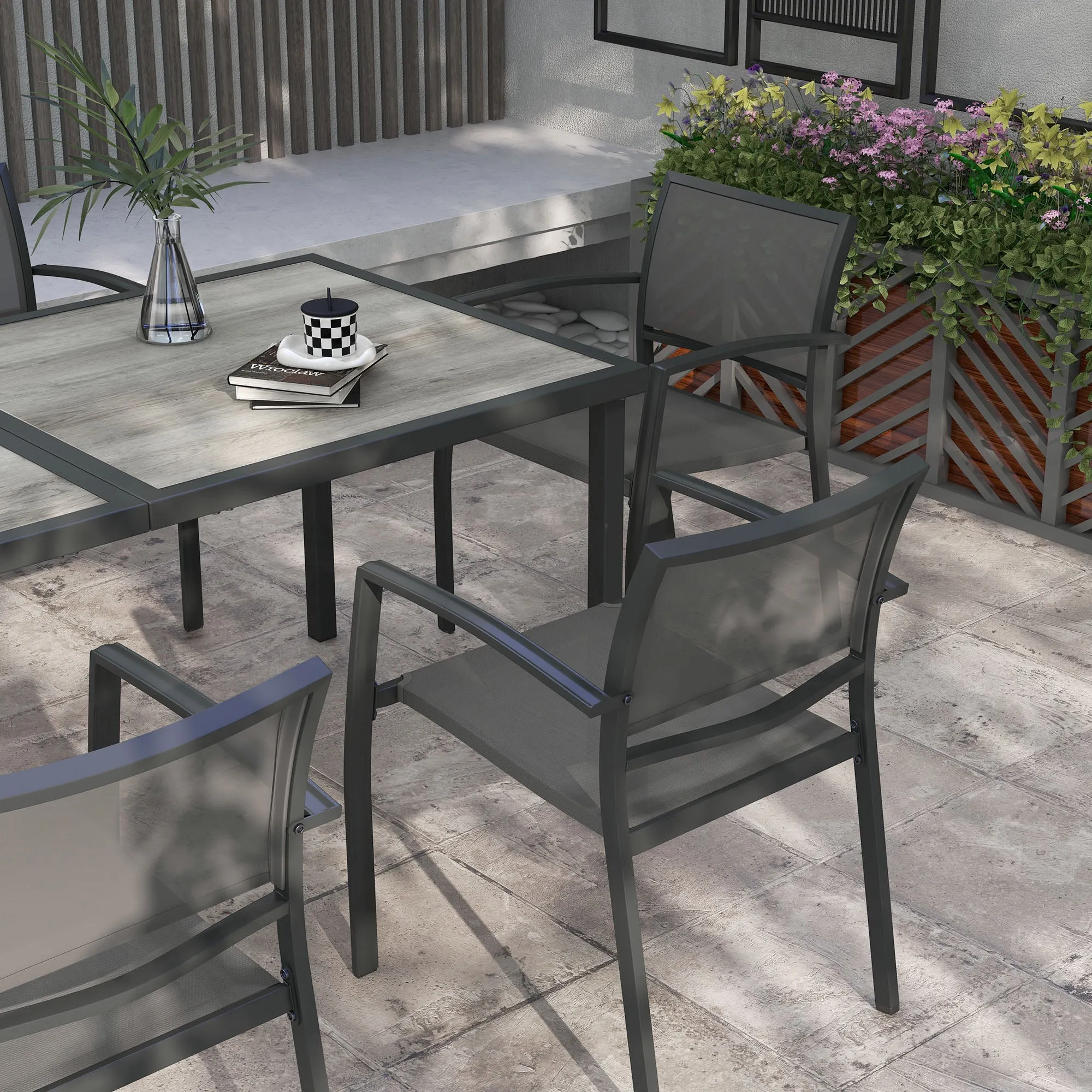 7 Pieces Garden Dining Set, Stackable Chairs, Outdoor Patio Dining Set, 6 Seater Outdoor Table and Chairs w/ Breathable Mesh Seat