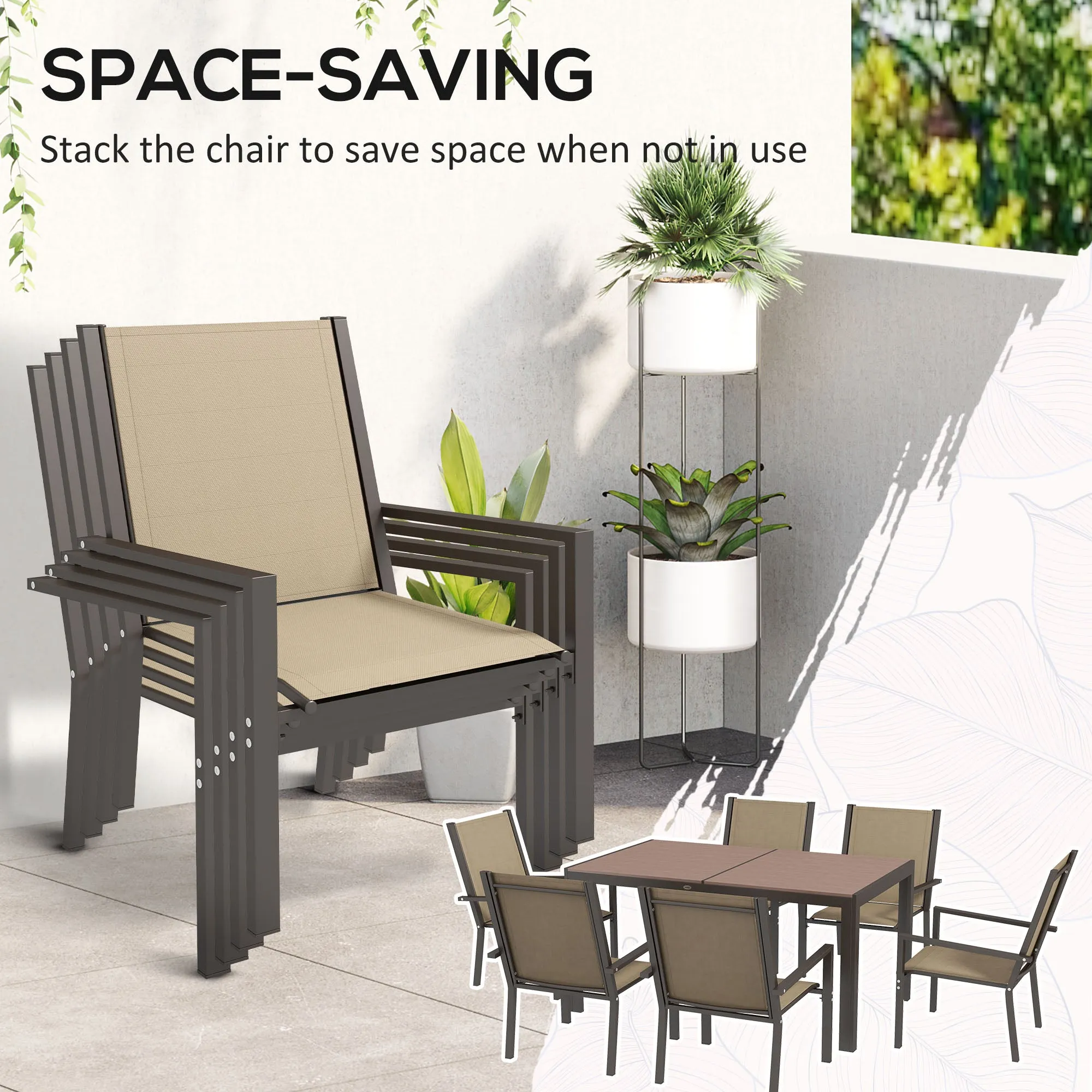 7 Pieces Garden Dining Set with Wood-plastic Composite Dining Table, Outdoor Table and 6 Stackable Armchairs with Texteline Seat