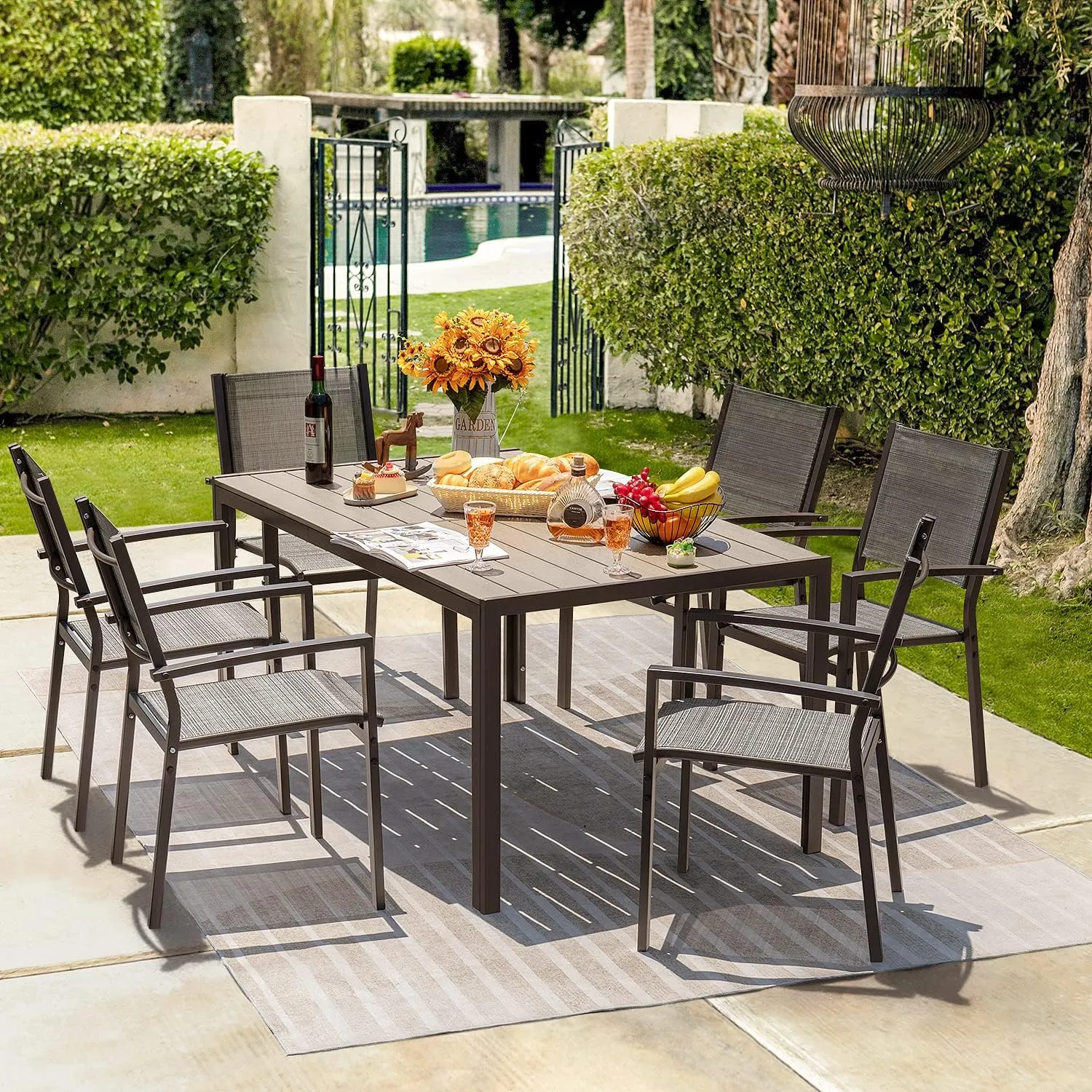 7 Pieces Patio Dining Set, Outdoor Furniture with 6 Stackable Chairs and Large Table