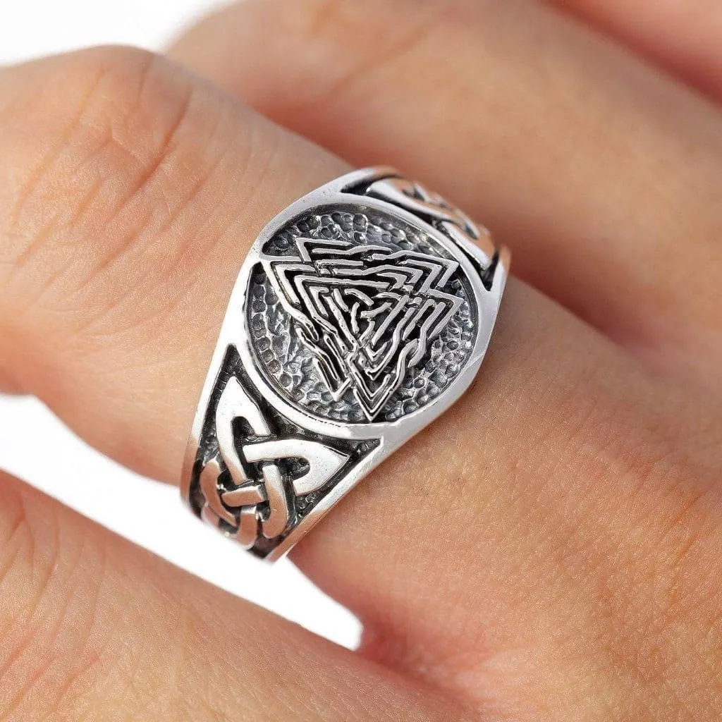 925 Sterling Silver Valknut and Knot Work Signet Ring