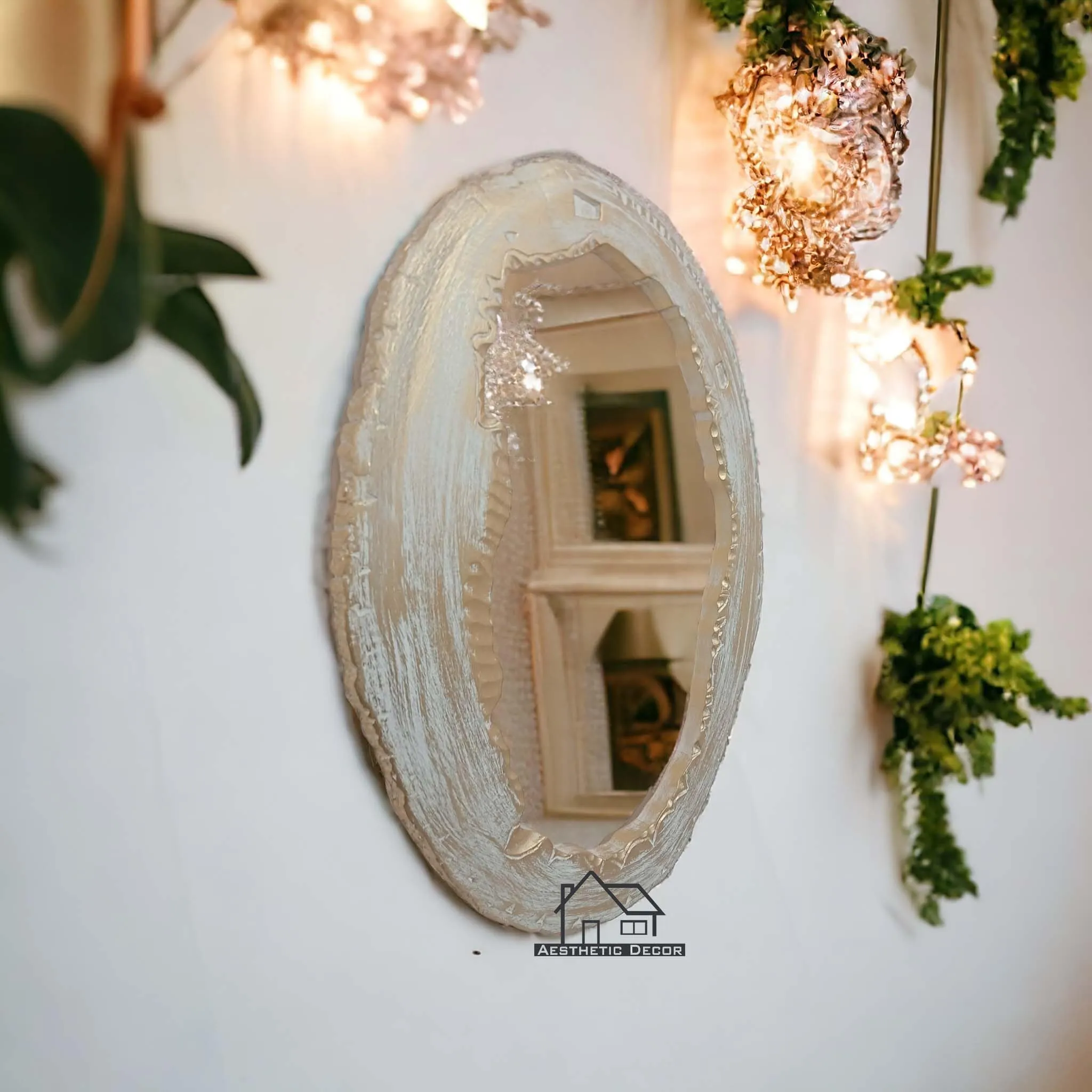 AESTHETIC DECOR Wooden Antique Handcrafted Mirror Frame with Live Edge Oval Shape Wall Mount for Makeup and Dressing (24"x18") Inches (White Gold)