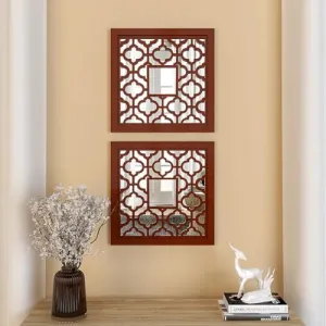 ARYAN WOOD- Wooden Decorative Wall Mirror Panel, Set Of 2 Wall Decor, Beautiful Square Shape Hand Carved Wall Hanging Panel Wall Art Decor Brown16x16 Inch