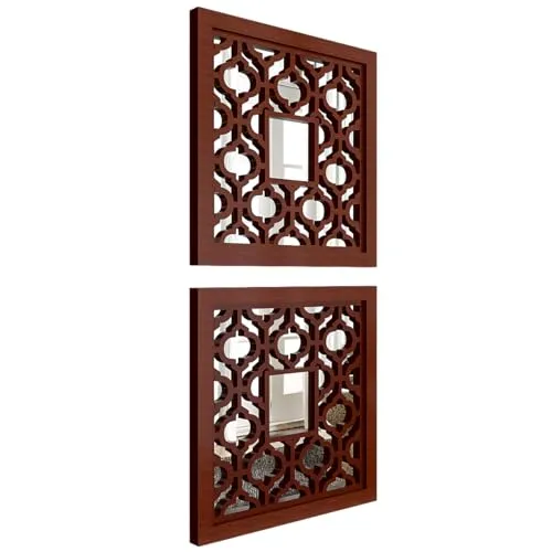 ARYAN WOOD- Wooden Decorative Wall Mirror Panel, Set Of 2 Wall Decor, Beautiful Square Shape Hand Carved Wall Hanging Panel Wall Art Decor Brown16x16 Inch