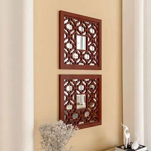 ARYAN WOOD- Wooden Decorative Wall Mirror Panel, Set Of 2 Wall Decor, Beautiful Square Shape Hand Carved Wall Hanging Panel Wall Art Decor Brown16x16 Inch