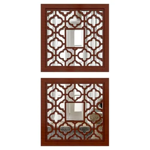 ARYAN WOOD- Wooden Decorative Wall Mirror Panel, Set Of 2 Wall Decor, Beautiful Square Shape Hand Carved Wall Hanging Panel Wall Art Decor Brown16x16 Inch