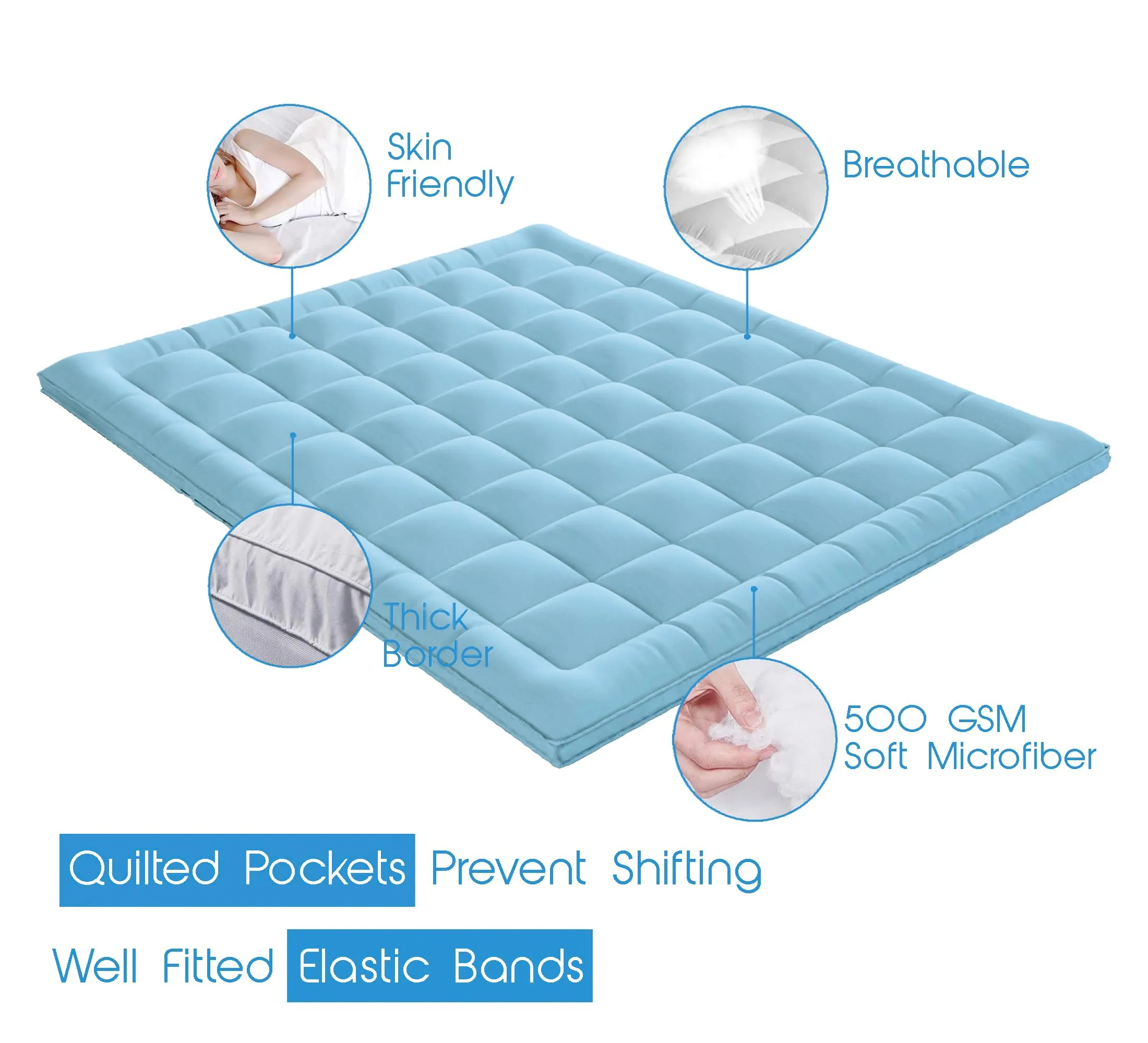 AVI Super Soft 500 GSM Microfiber Mattress Topper for Double Bed Size 72x72 Inch | All Season Comfortable Sleep 2 Inch Thick Mattresses Padding Double Size -(Sky Blue, 6x6 Ft, 4 Corners Elastic Band)