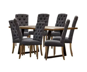 Begonia 9pc Dining Set 220cm Live Edge Table 8 Charcoal Fabric Chair Mango Wood