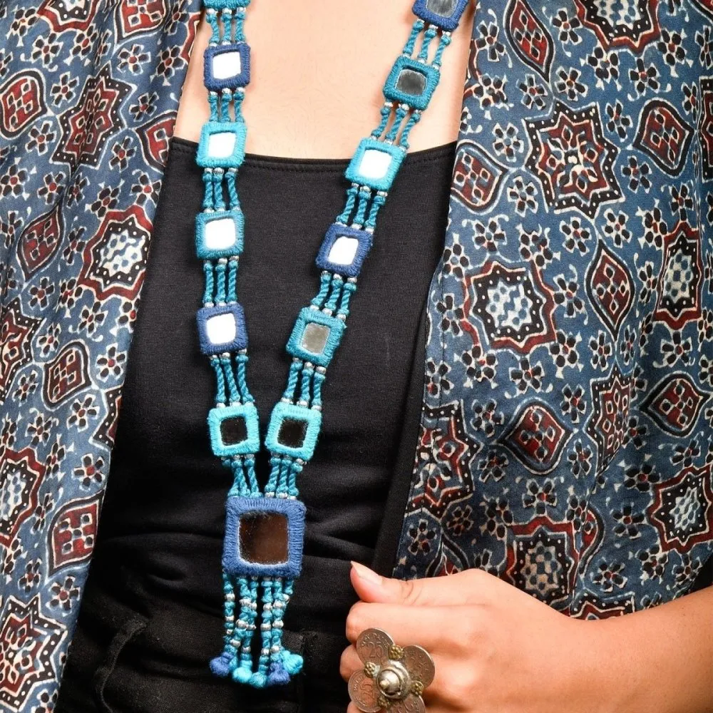 Blue Handcrafted Tassel Mirror Work Necklace