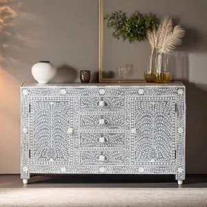 Bone Inlay Handmade Solid Hard Wood Modish Sideboard Grey Floral Pattern