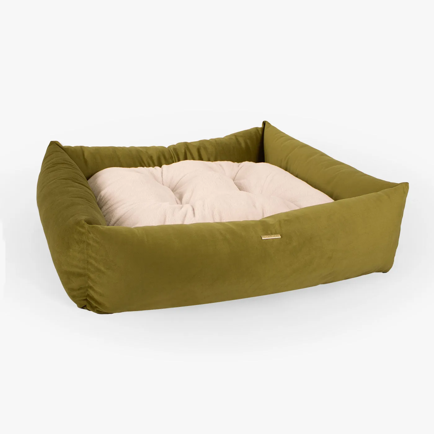 Box Bed With Removable Covers In Olive Velvet by Lords & Labradors