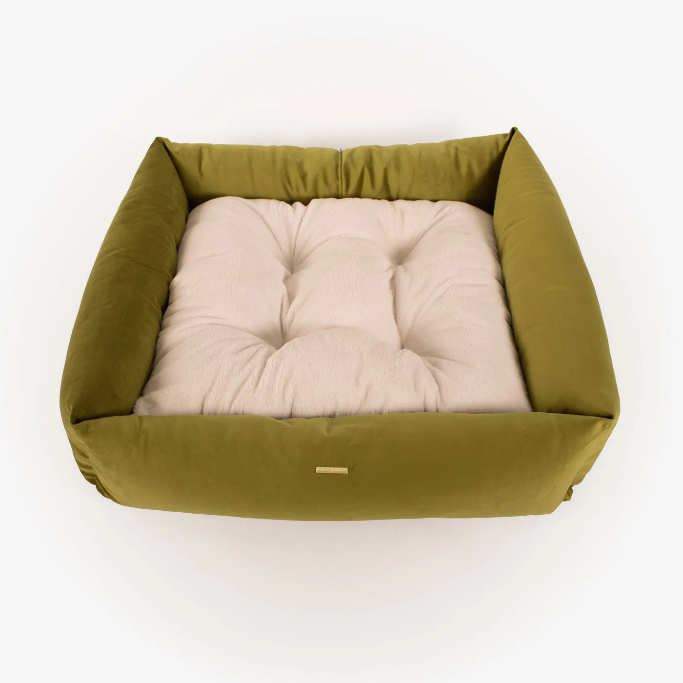 Box Bed With Removable Covers In Olive Velvet by Lords & Labradors