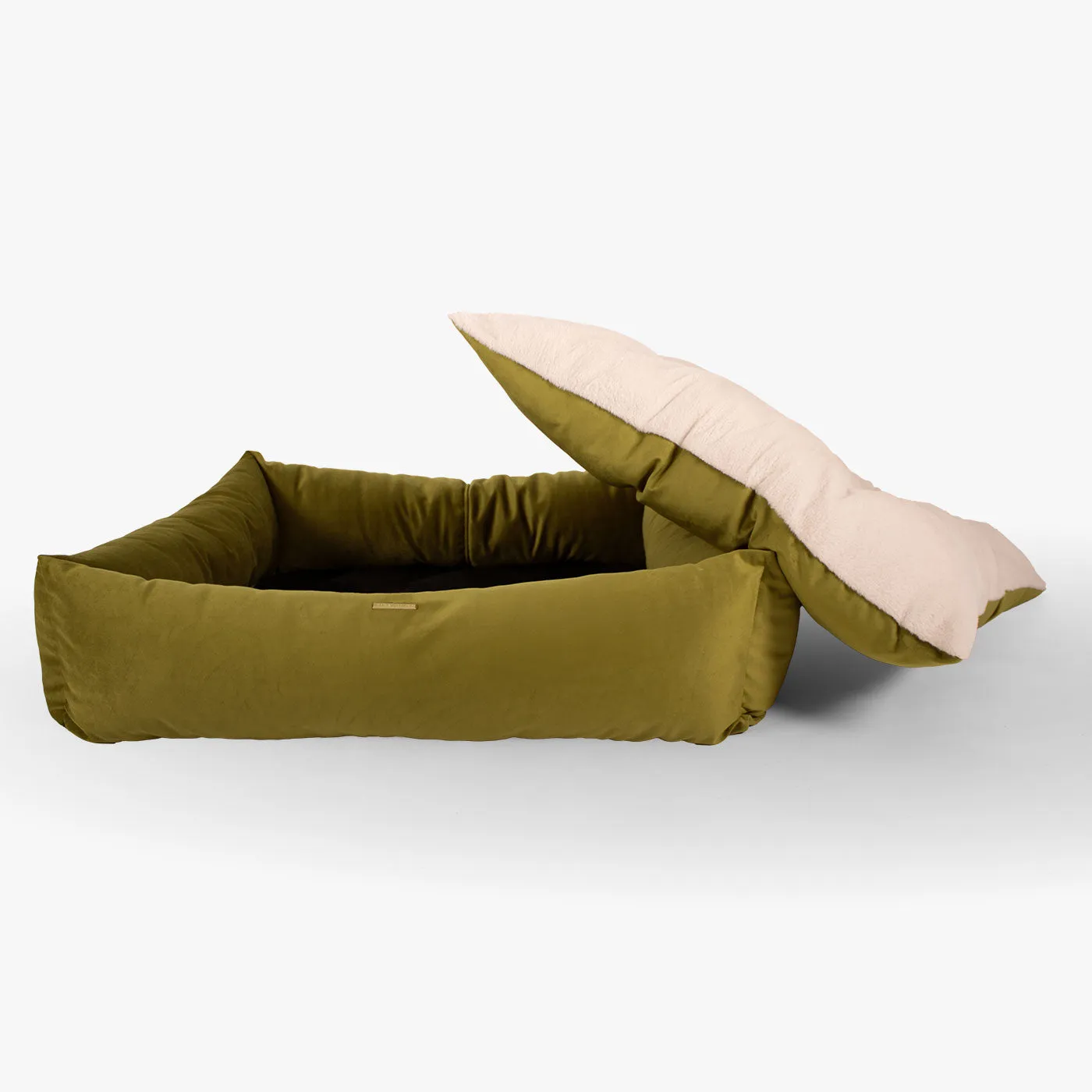 Box Bed With Removable Covers In Olive Velvet by Lords & Labradors