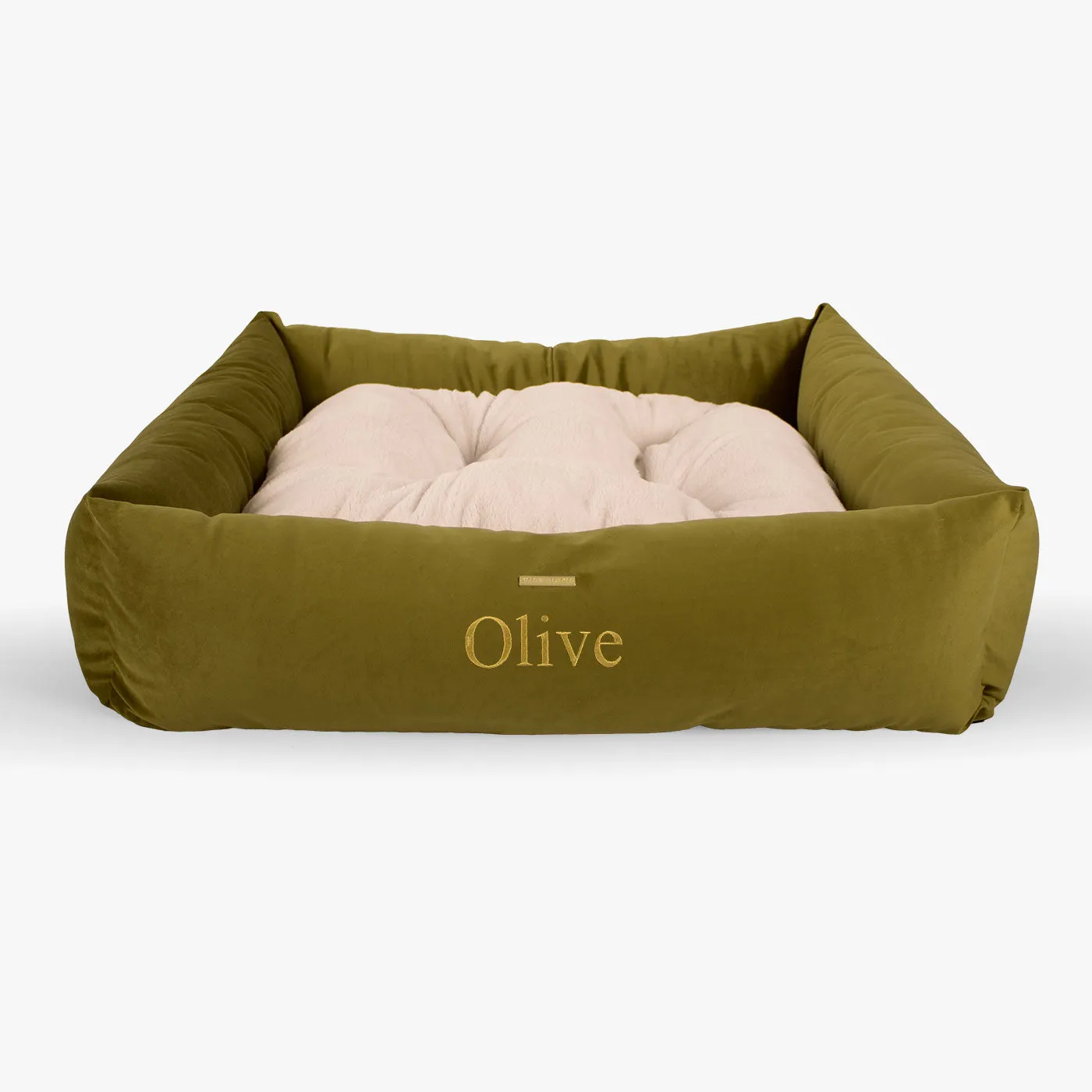 Box Bed With Removable Covers In Olive Velvet by Lords & Labradors