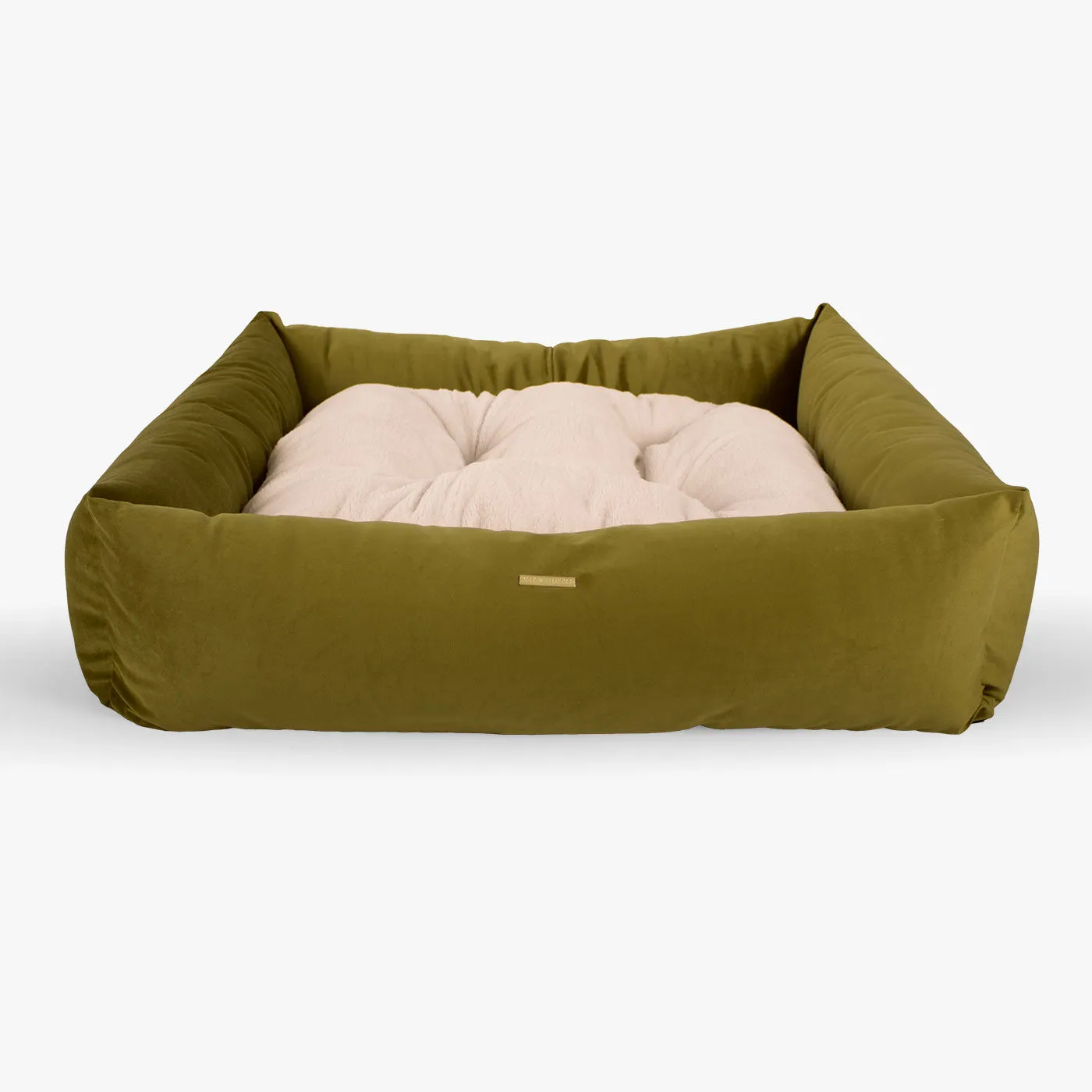 Box Bed With Removable Covers In Olive Velvet by Lords & Labradors