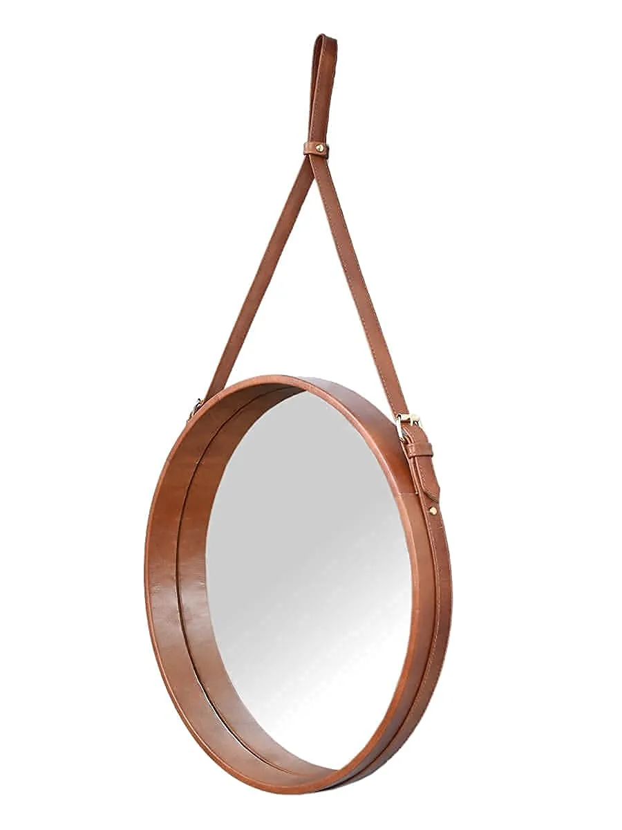 CasaGold 18 Inch Tan Brown Round Decorative Genuine Leather Hanging Mirror with Belt | Adjustable Leather Strap & Matching Wall Hook | Modern, Sophisticated Aesthetic Mirror for Home Wall Decor