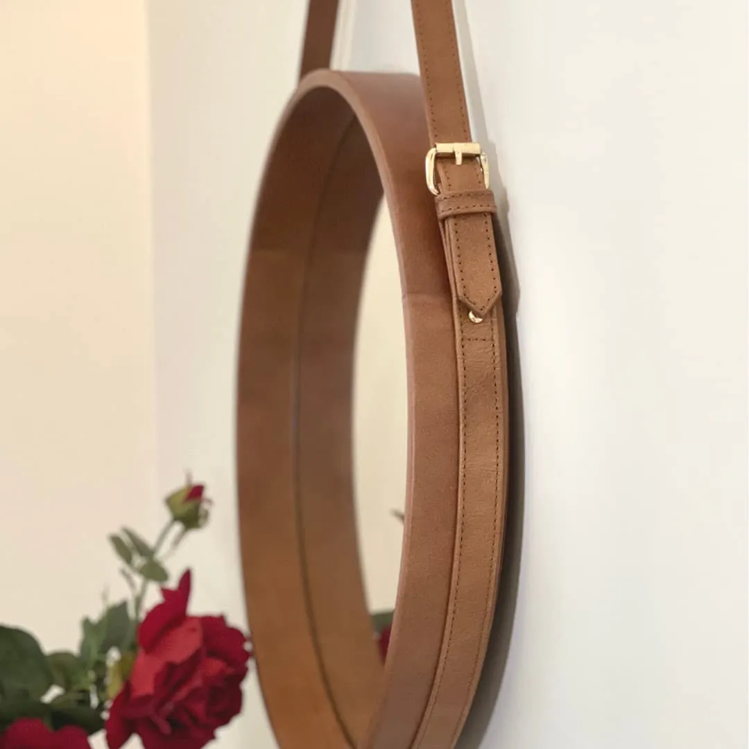 CasaGold 18 Inch Tan Brown Round Decorative Genuine Leather Hanging Mirror with Belt | Adjustable Leather Strap & Matching Wall Hook | Modern, Sophisticated Aesthetic Mirror for Home Wall Decor