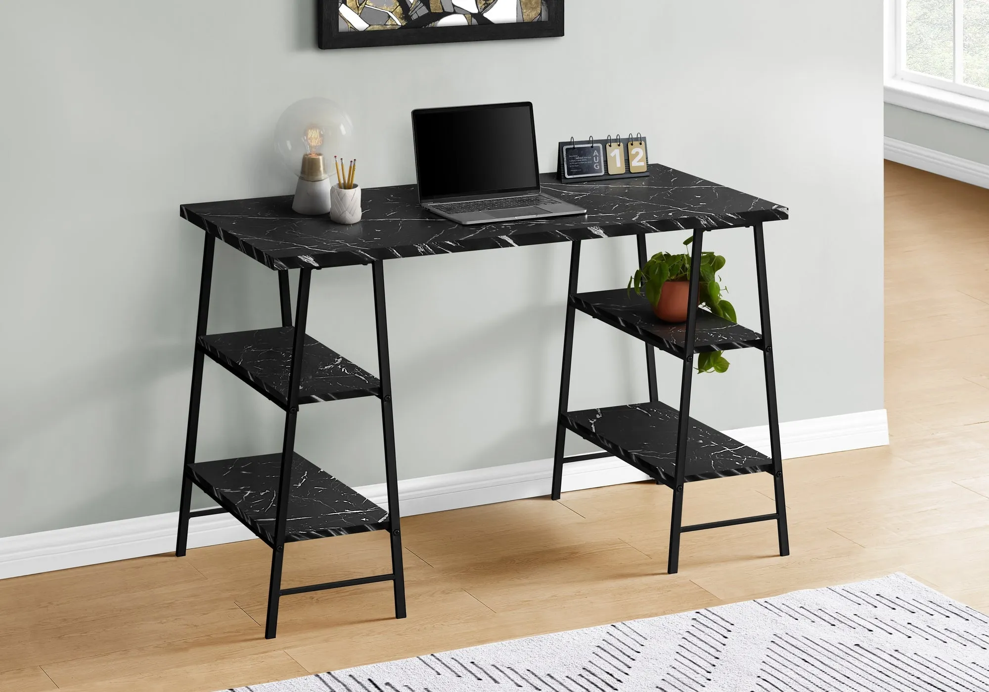 Computer Desk - 48"L / Black Marble-Look / Black Metal