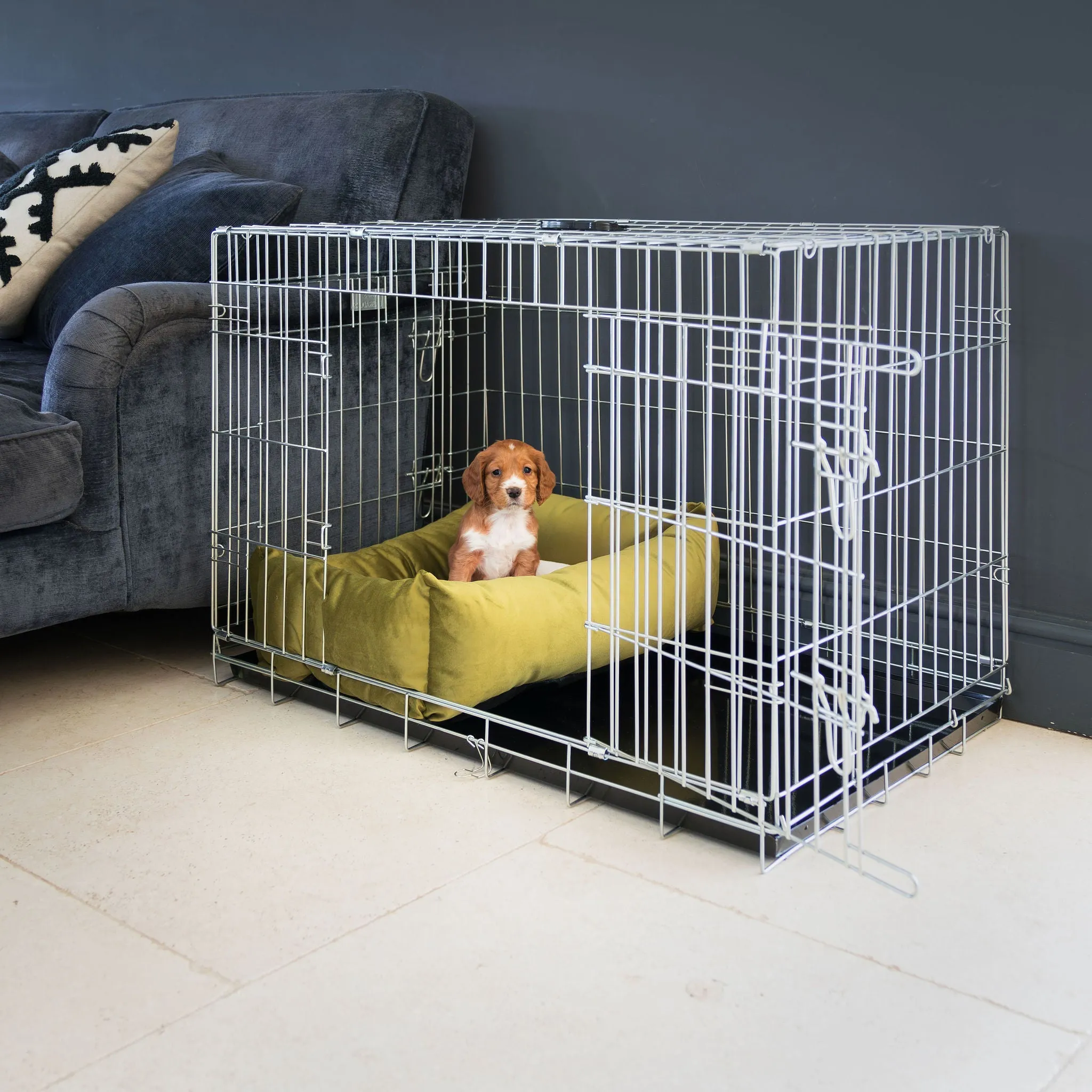 Cosy & Calming Puppy Crate Bed With Removable Covers In Olive Velvet by Lords & Labradors