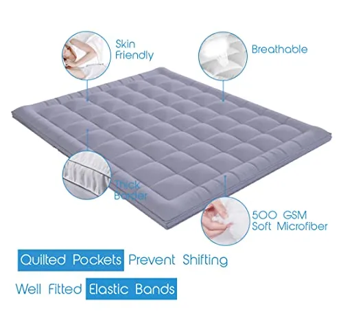 DAKSH 500 GSM Mattress Topper, Extra Thick 2" Mattress Padding, Soft & Fluffy Microfiber Filling for Better Sleep, Back Pain Bedding, 4 Corner Elastic, King Size, 72X78Inch, Grey | 6X6.5Feet