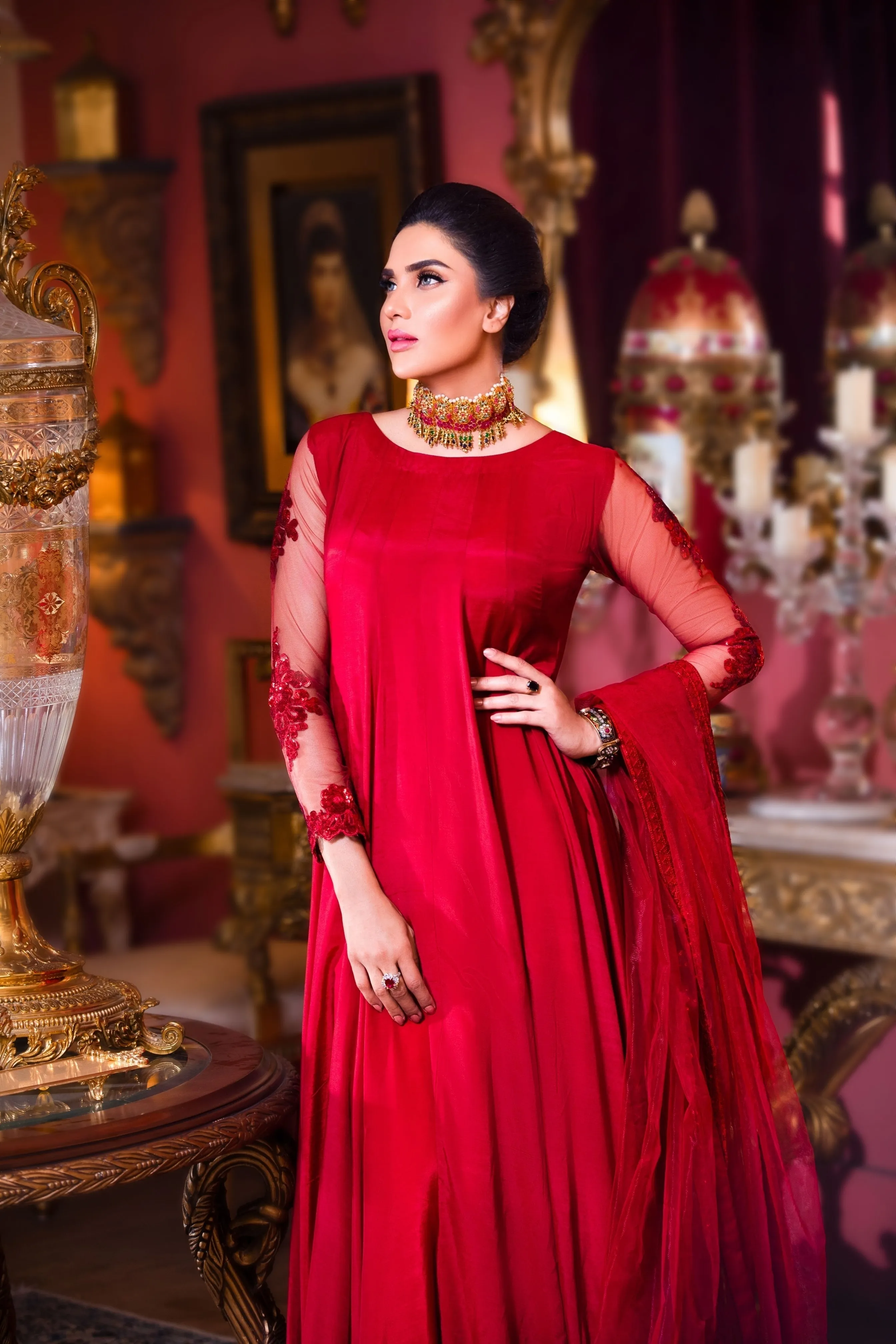 Dark Red Embroidered Cotton Silk Frock (Mahrukh)