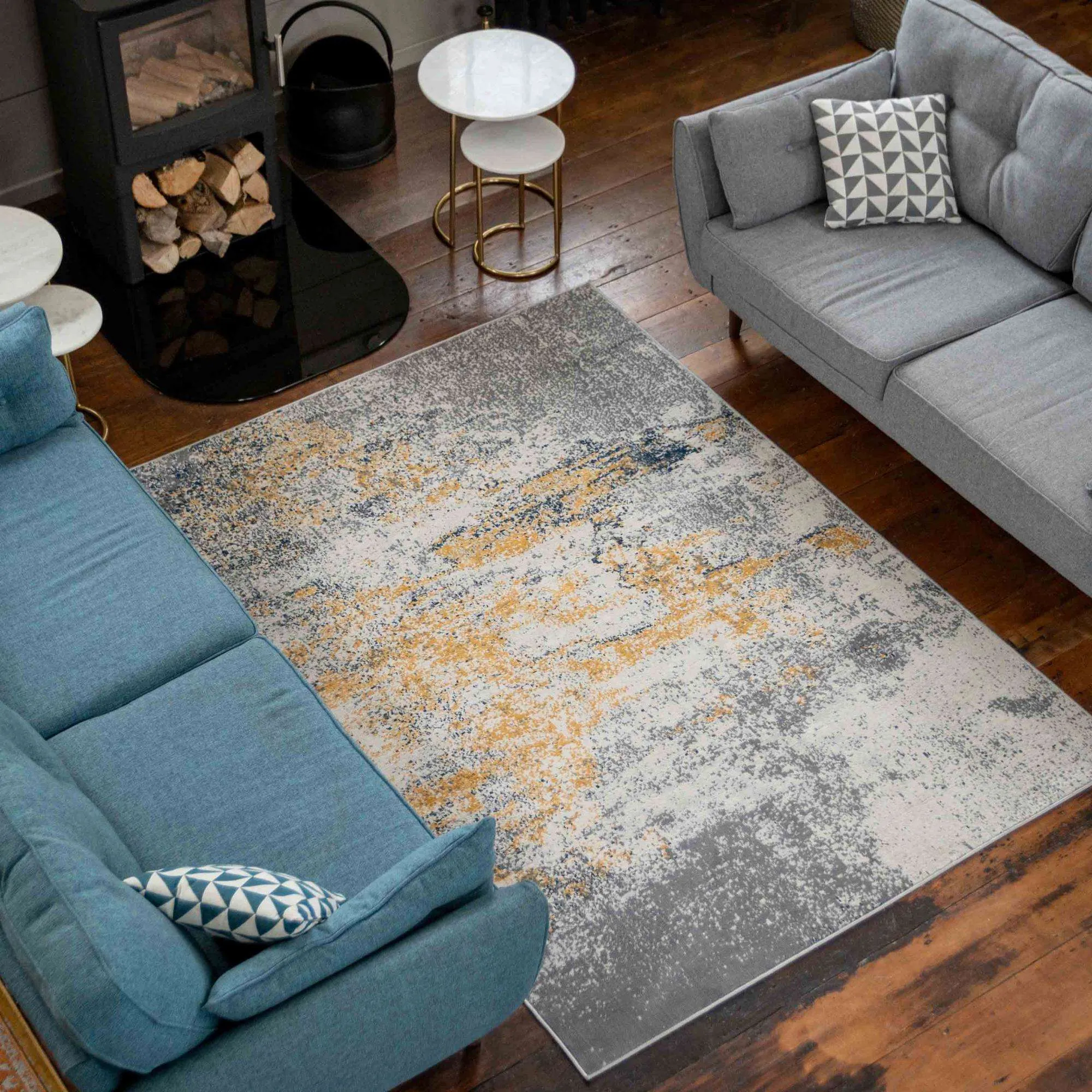 Distressed Ochre Yellow Pastel Soft Living Room Rug