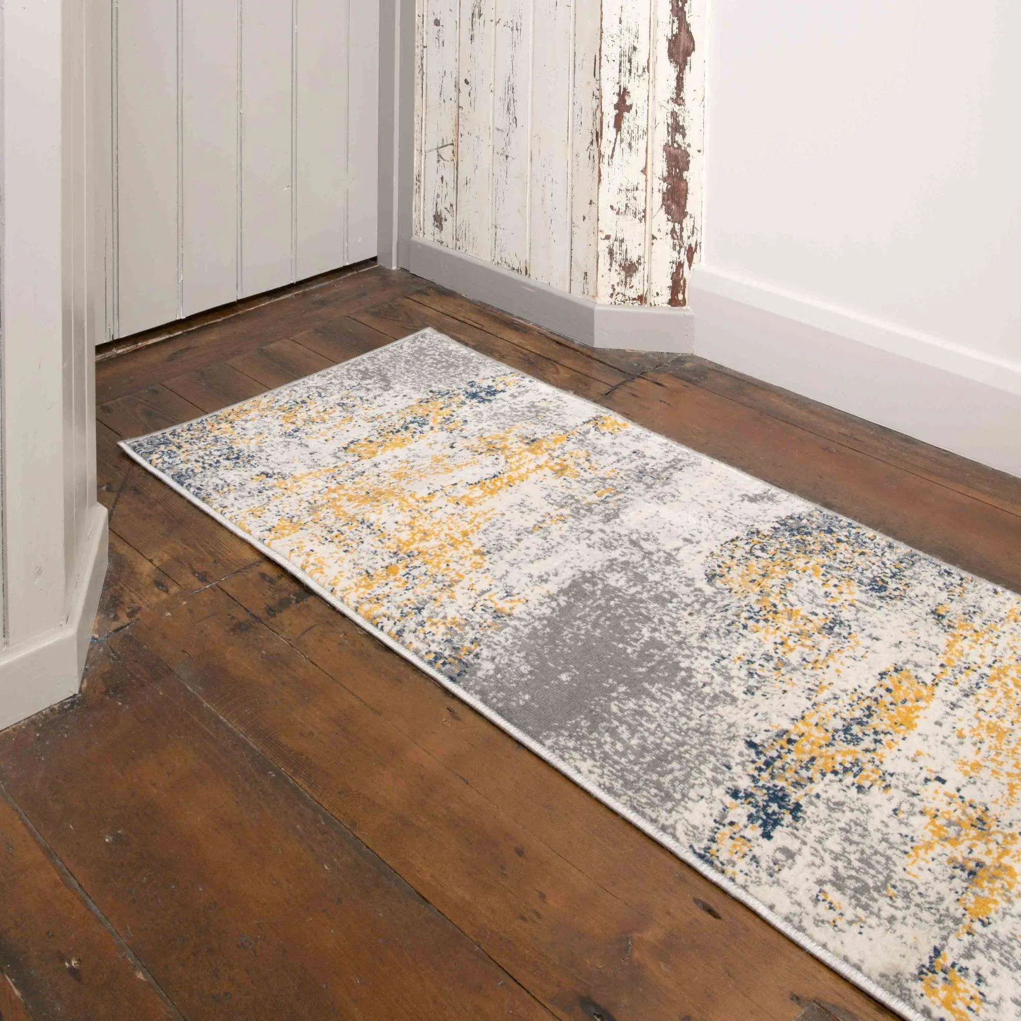 Distressed Ochre Yellow Pastel Soft Living Room Rug