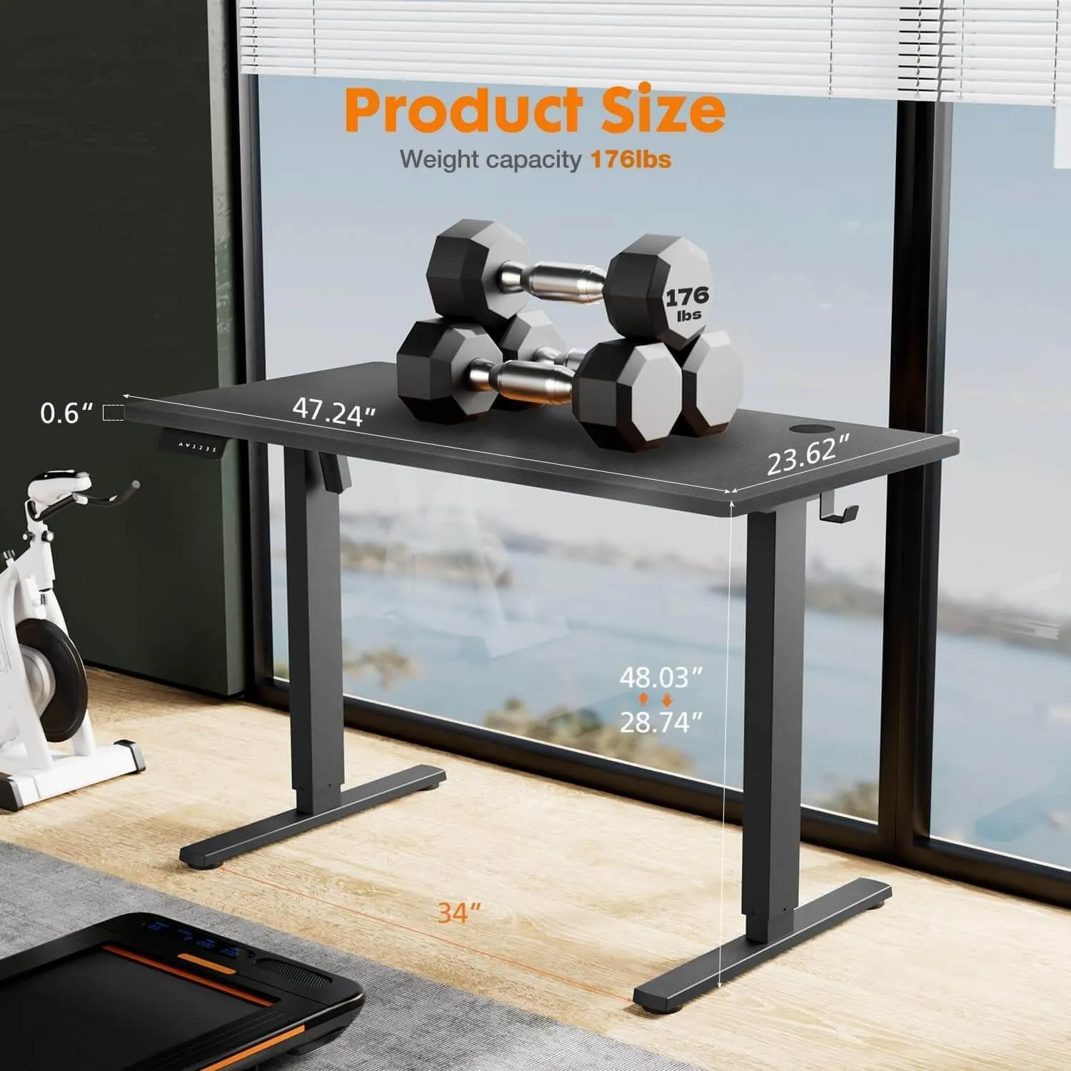 Electric Height Adjustable Standing Desk, Sit to Stand Ergonomic Computer Desk, Black, 48'' x 24"