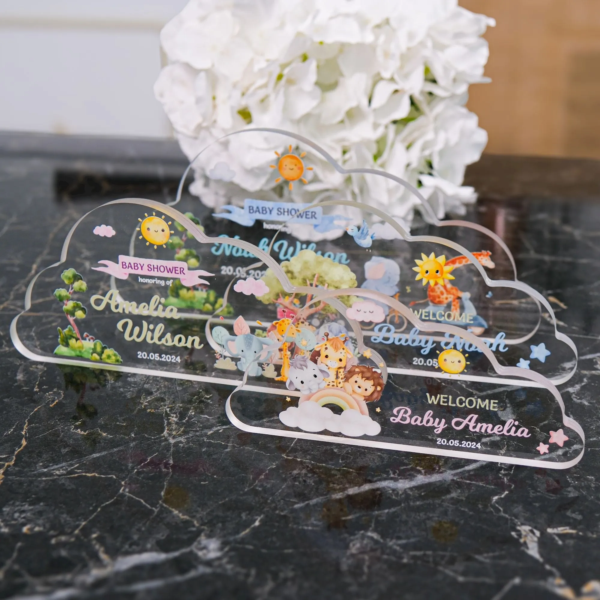 Handmade Baby Shower Acrylic Cloud Shape Stand, Personalized Acrylic Table Decor, Personalized Plexiglass Plaque Gift, Unique Baptism Favors