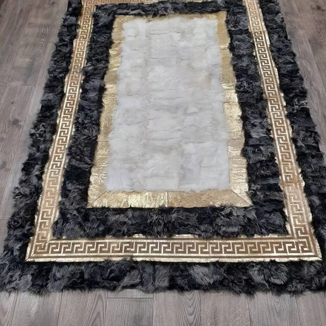 Handmade Patchwork Gray And White Real Soft Sheepskin Living Room Rug